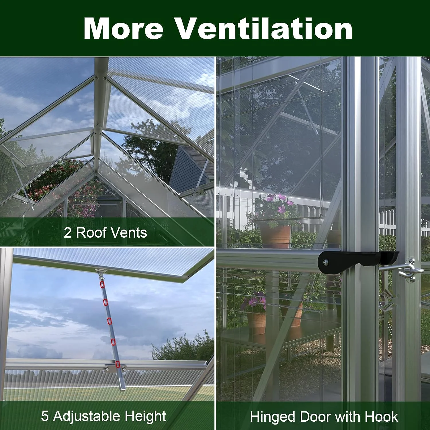 Jocisland 8x8x7 FT Polycarbonate Walk-In Greenhouse with Aluminum Frame, 2 Top-Opening Windows & 2 Swing Doors, Heavy Duty for Outdoor Garden Use, Black - Image 12