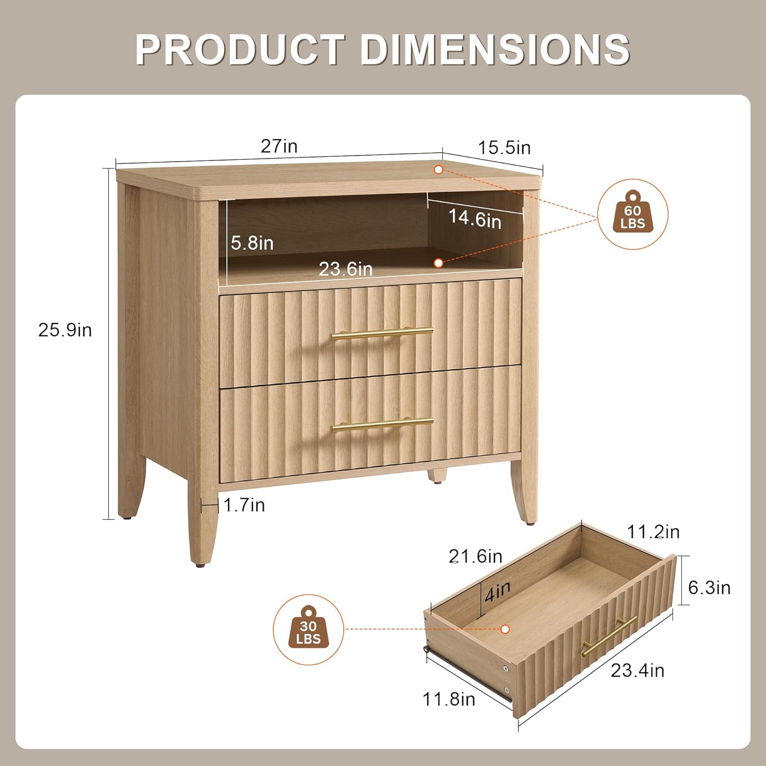 Fluted Nightstand with 2 Drawers, 27