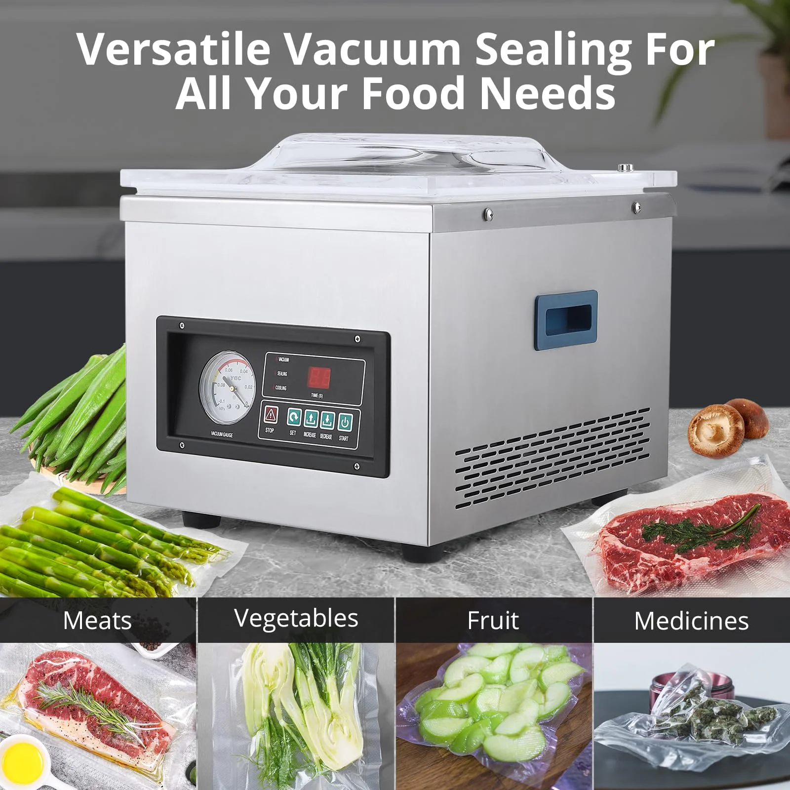 180W Chamber Vacuum Sealer Microcomputer Controlled Excellent Sealing Effect  Stainless Steel Structure for Fresh Meats Fruit Saver Home Commercial