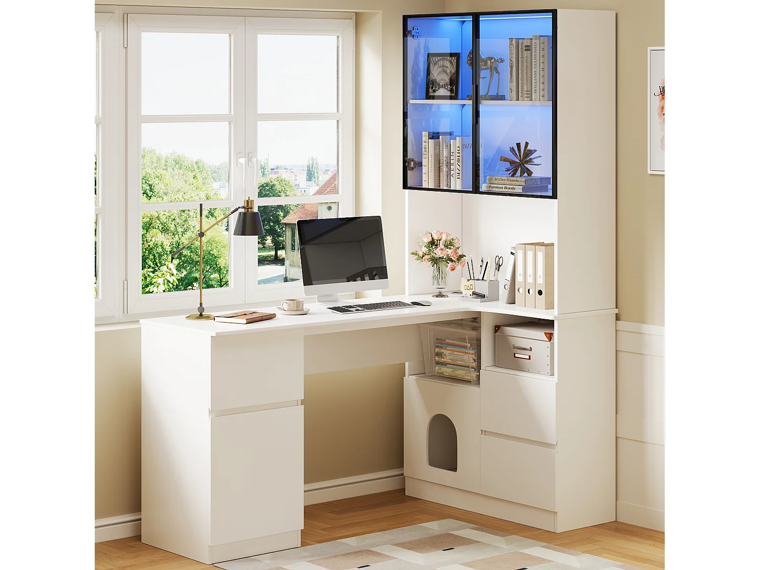 Bureau d'angle avec vitrine - 120 x 80 x 180 cm - avec 3 tiroirs + 2 portes + étagères ouverts + Leds - MDF - blanc
