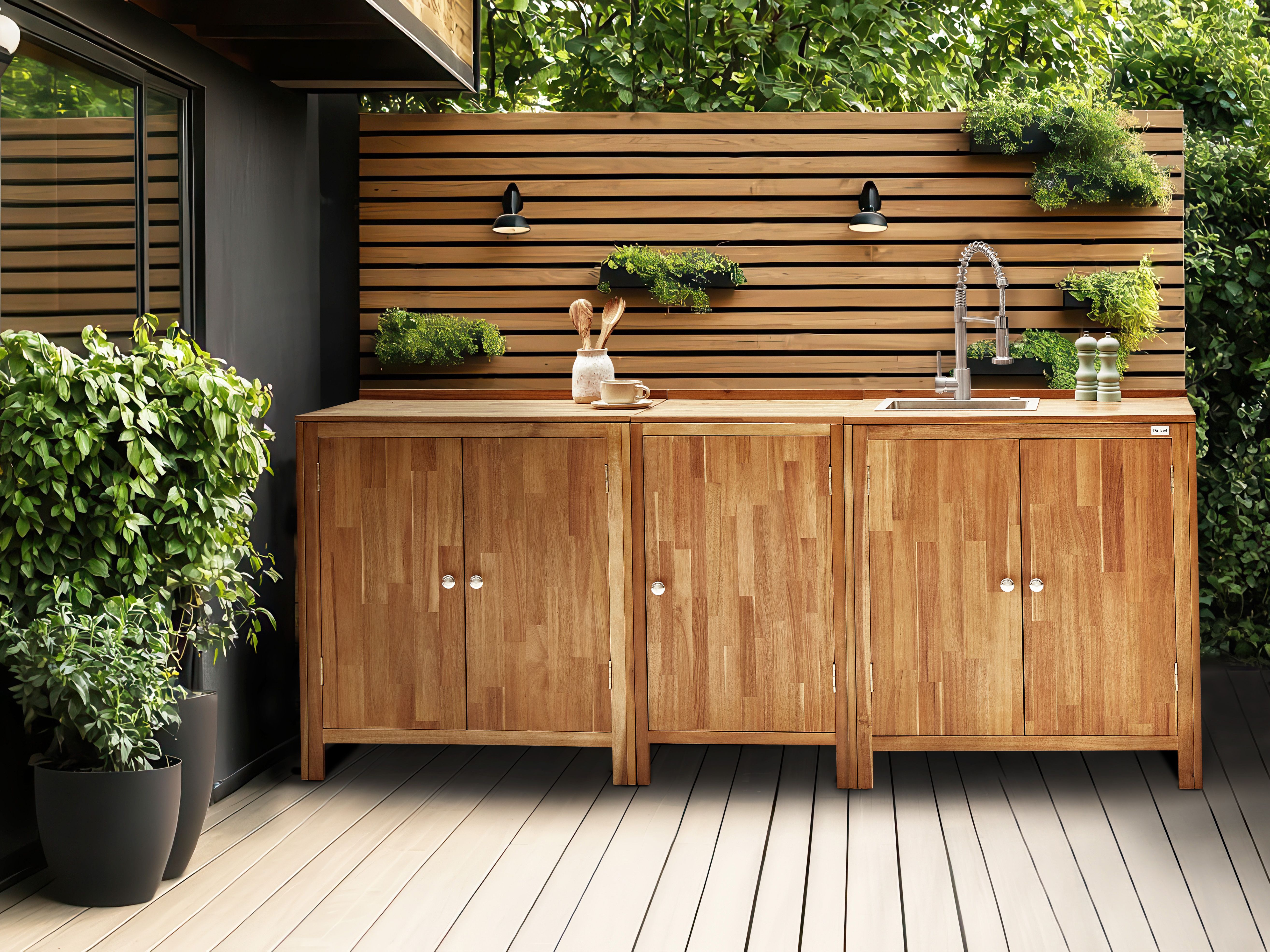 Outdoor Kitchen Cabinet with Sink VENOSA Acacia Wood Brown/ Silver