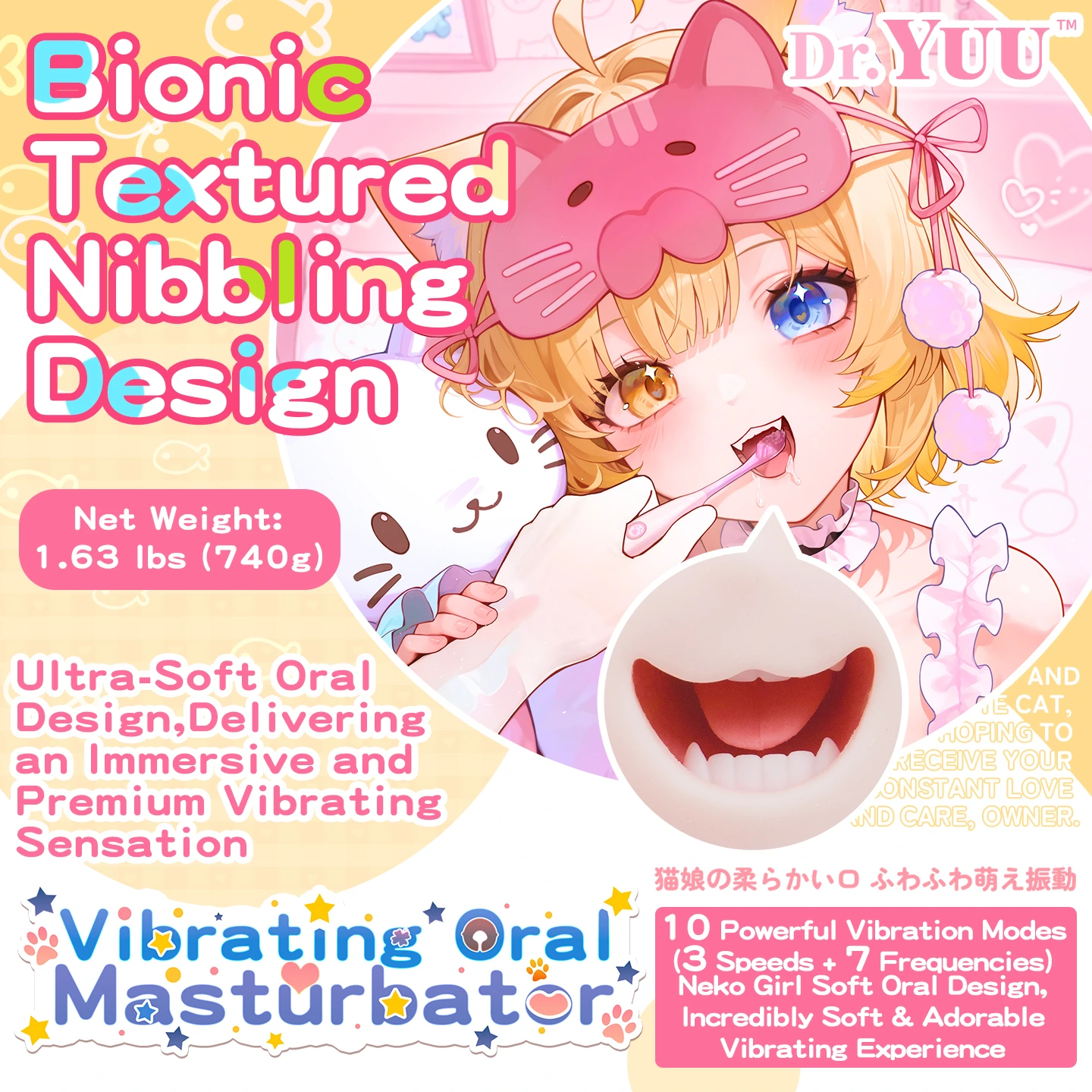 Front view of the lifelike Dr.YUU anime catgirl blowjob toy and soft waifu sex toy.