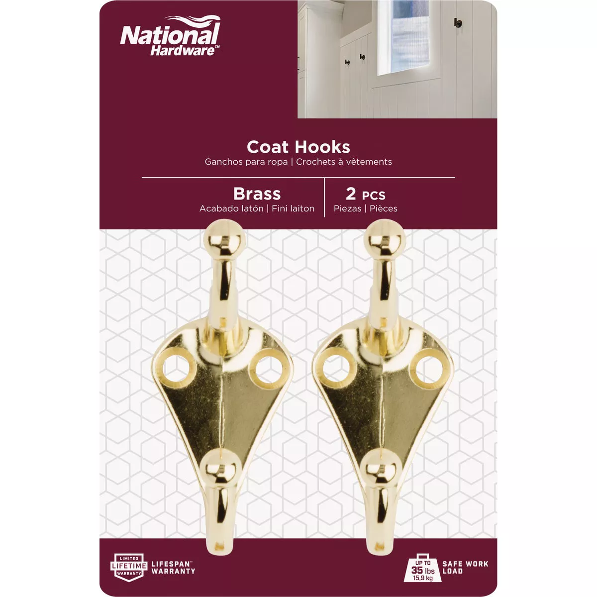 National Hardware Brass Coat & Hat Hook (2-Pack)