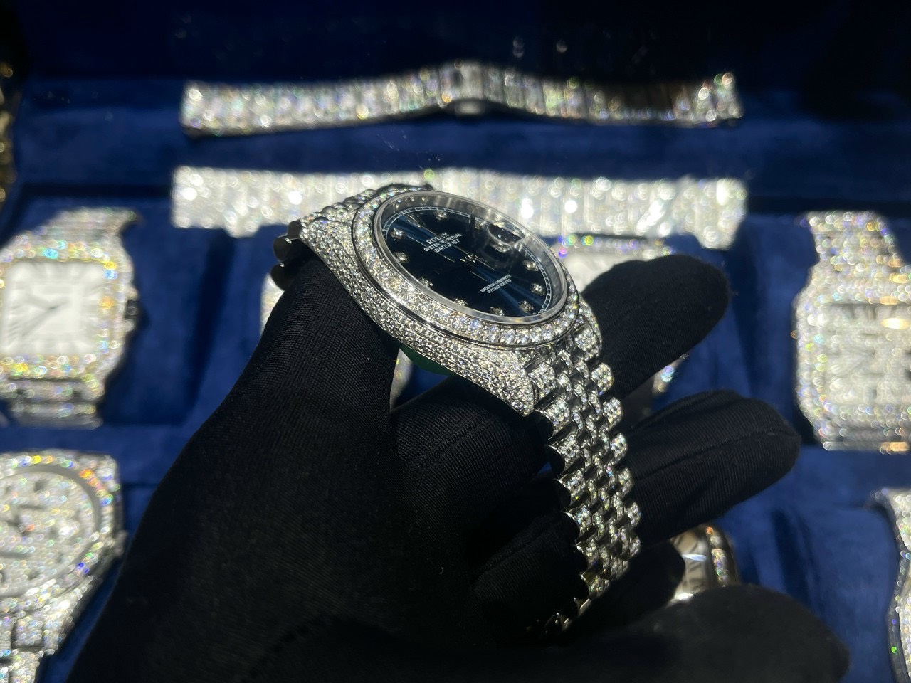 Rolex Best Replica Watch DateJust Dial Blue Custom Full Diamonds Moissanite 41mm - Elite Watch Atelier