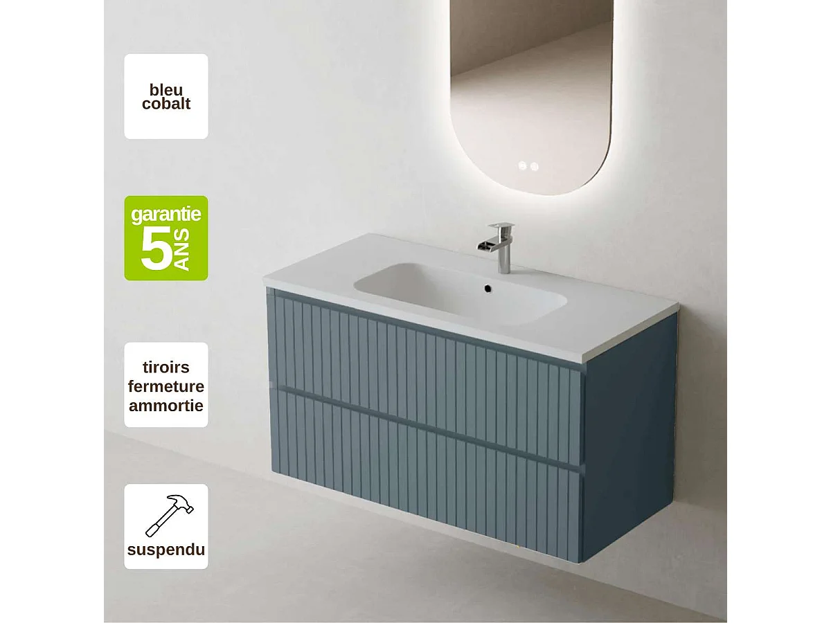 Meuble Salle de Bain GLOW 100cm, Plan Vasque Solid Surface, 2 Tiroirs, Laqué Bleu Cobalt, H 54cm x P 45cm