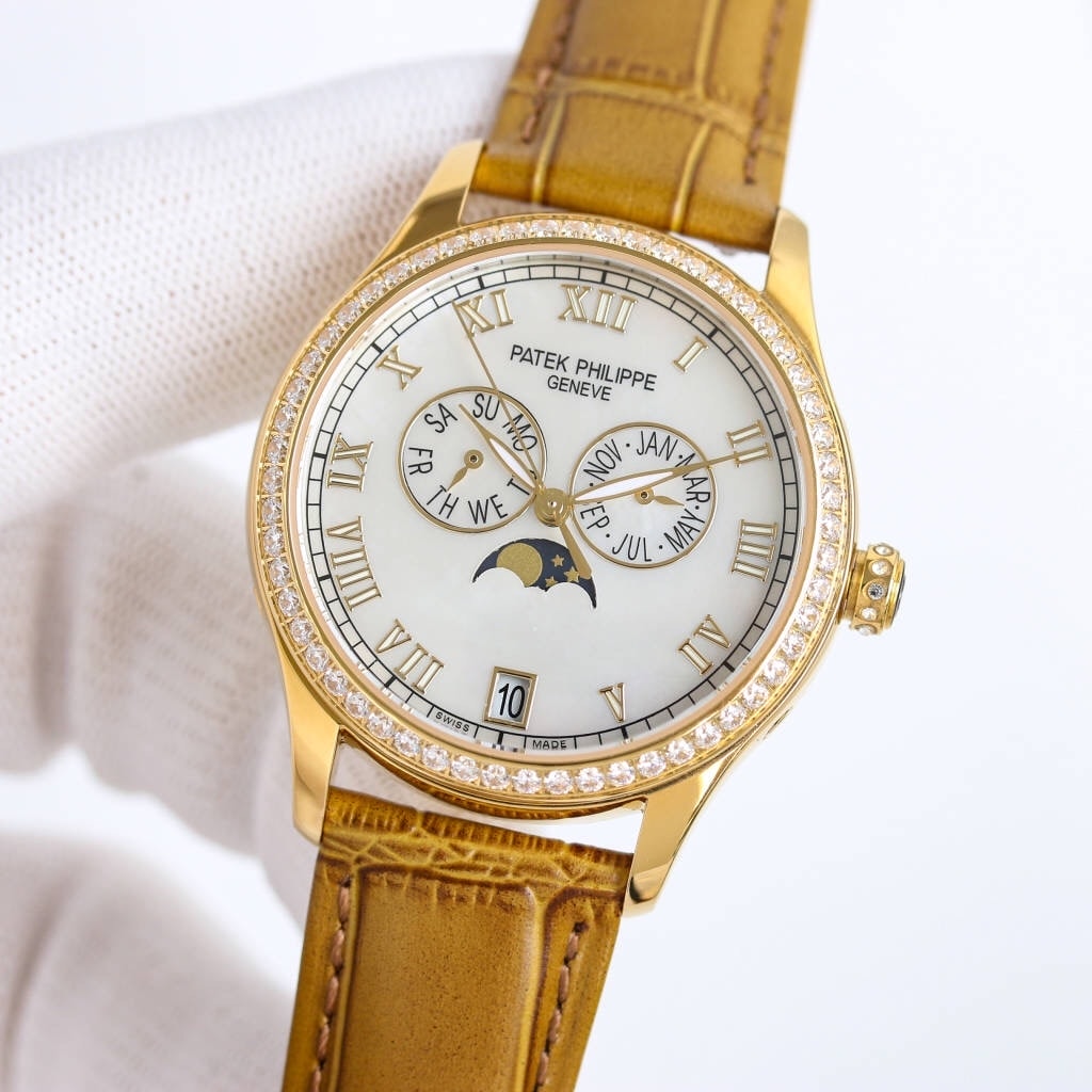 Fake diamond Watch Patek Philippe Replica 4936J-001 Complications Ladies Annual Calendar Moon Phase 37mm White Mother of Pearl Roman Diamond Bezel Yellow Gold Leather Date(1:1 replica) - Top club