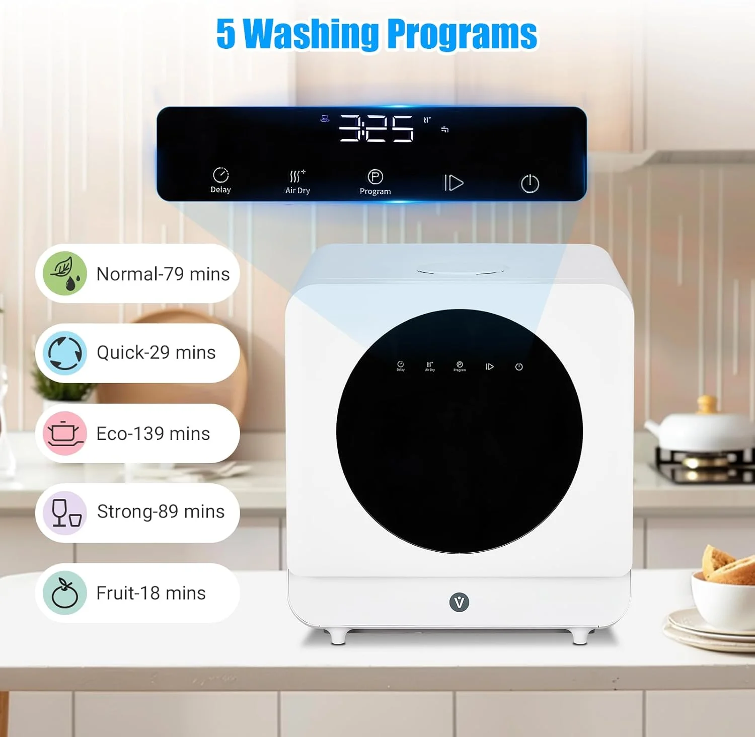 Portable Dishwasher Countertop, 6 Washing Programs Tabletop Dishwasher with 5 L Built-In Water Tank, Air-Dry Function, LED Display & Touch Control, Dual Spray Rinsing, Self Absorbing Water Dishwasher