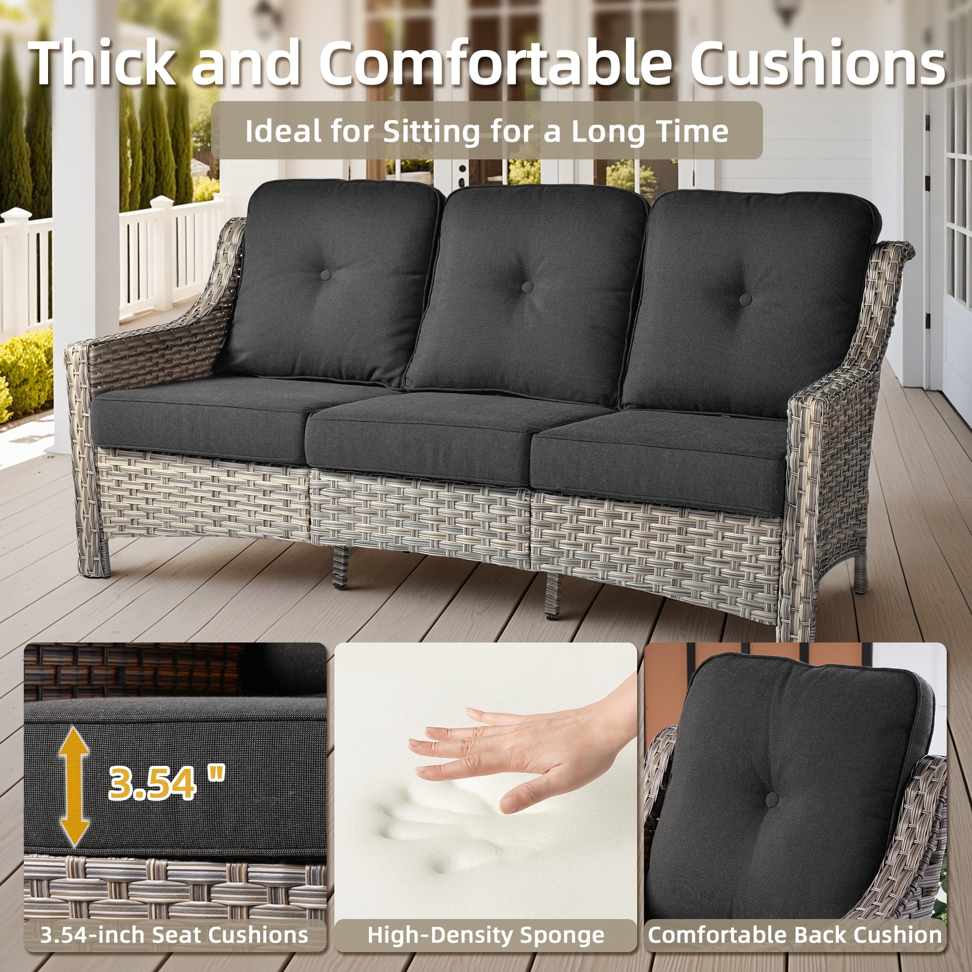 Ovios Outdoor Patio Sofa 3-Seater with Cushions All-Weather Wicker Rattan Couch for Garden, Porch, or Backyard - Image 22