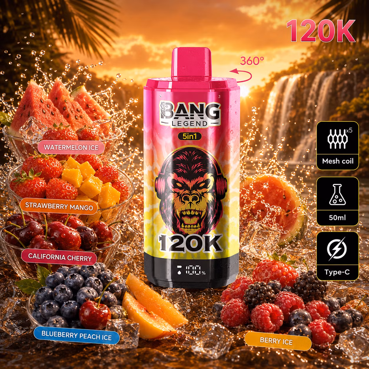 BANG LEGEND 120 000 puffów 5w1 – Watermelon Ice, Strawberry Mango, California Cherry, Blueberry Peach Ice