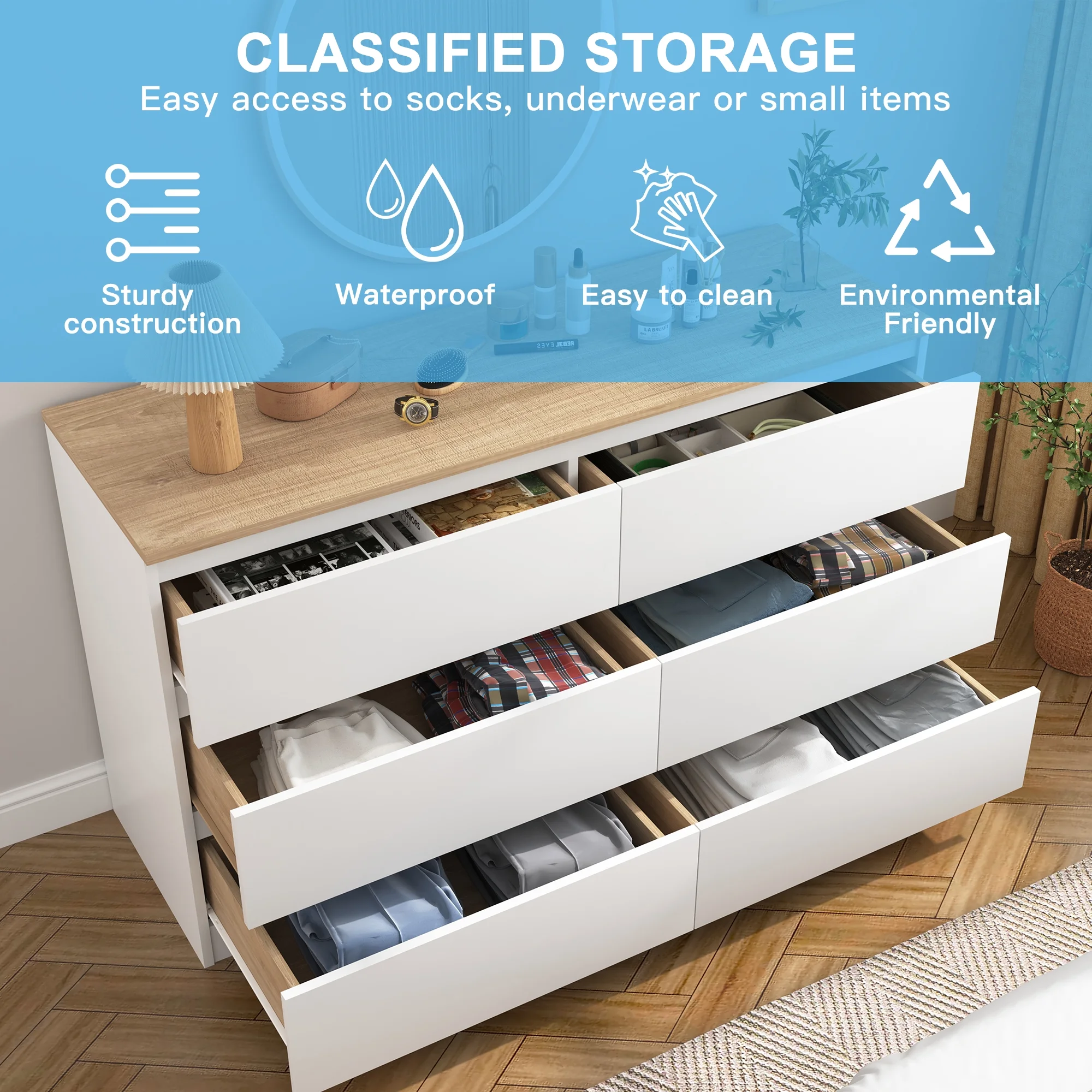 Kadyn White Chest of Drawer, 6 Double Drawer Dresser for Bedroom, Modern Storage Cabinet for Living Room, Dresser - Image 160