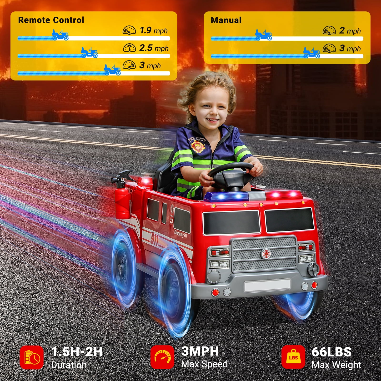 Bobiber Ride on Fire Truck, 12V Battery Powered Ride-On Toy Vehicle with Remote Control, Megaphone, Flashing Lights, Siren and Fire Extinguisher - For Boys and Girls Ages 3-6 - Image 9