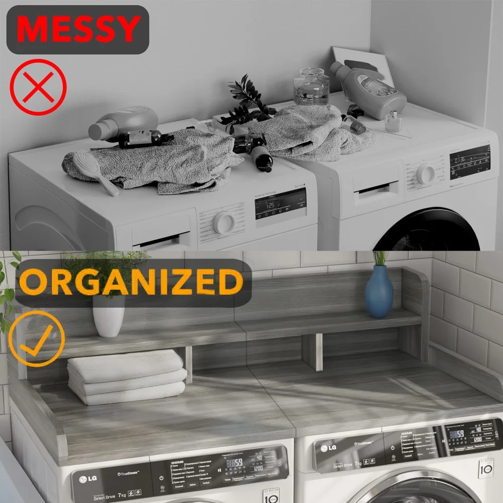 Modern Washer Dryer Countertop with 2-Tier Shelf,Laundry Room Countertop Organization Storage with 2.75" H Guard Edge Rails,Non-Slip Pad,Waterproof and Easy to Clean,54"W x 27.55"D,Natural Wood - Image 18