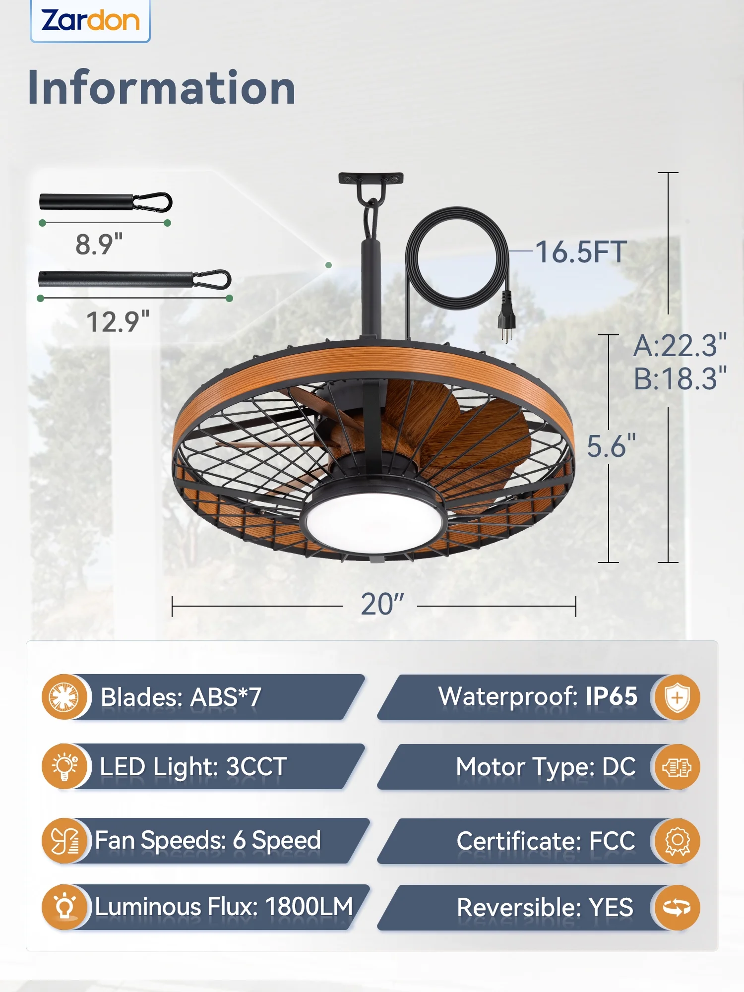 Zardon 20" Outdoor Ceiling Fan with Light and Remote, 7 Blades Caged Waterproof Gazebo Fan for Patio, Porch, Pergola Canopy, App Control - Image 12