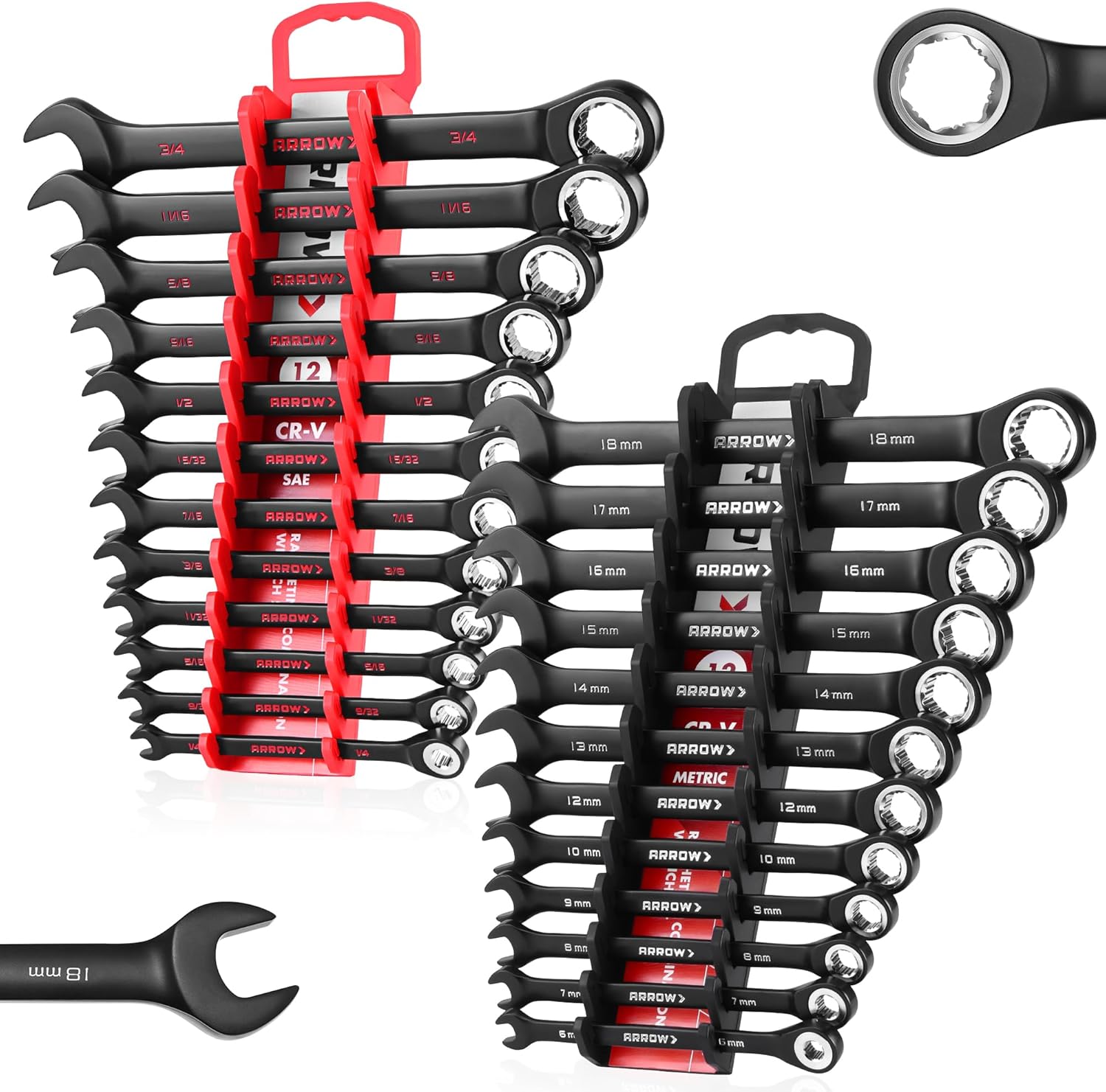 ARROW 24PCS Ratcheting Wrench Set Metric and Standard, Anti-Slip 6-18mm & 1/4