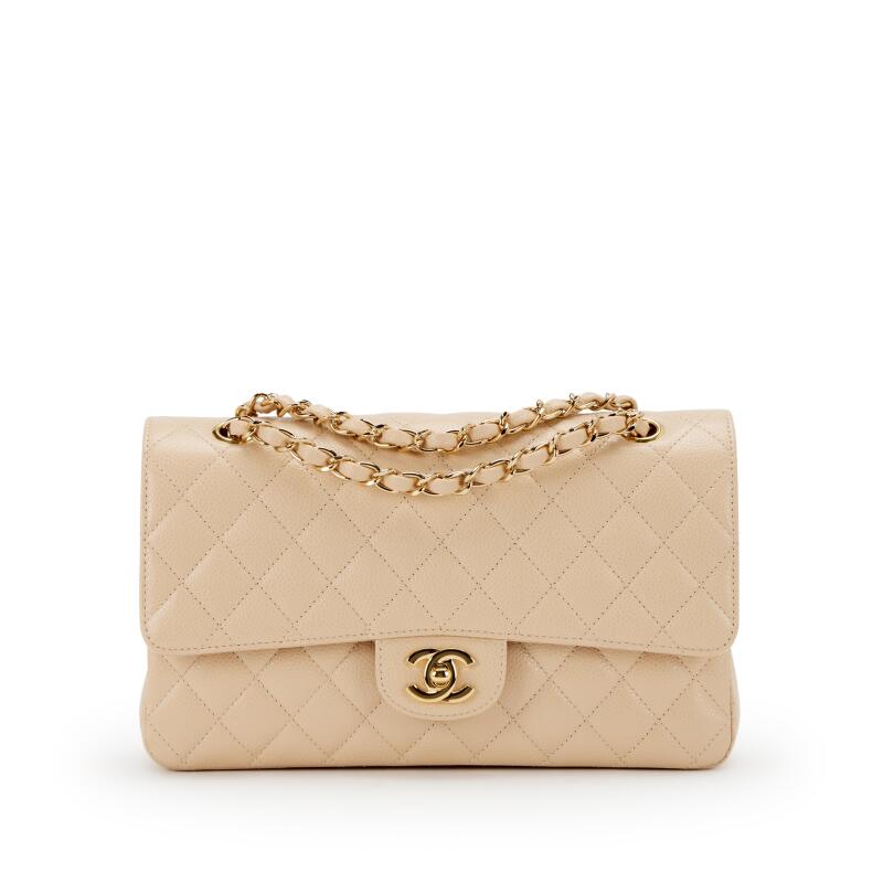 Chanel Classic Double Flap Bag – Beige Quilted Caviar Leather with Gold Hardware - COZYMIZE