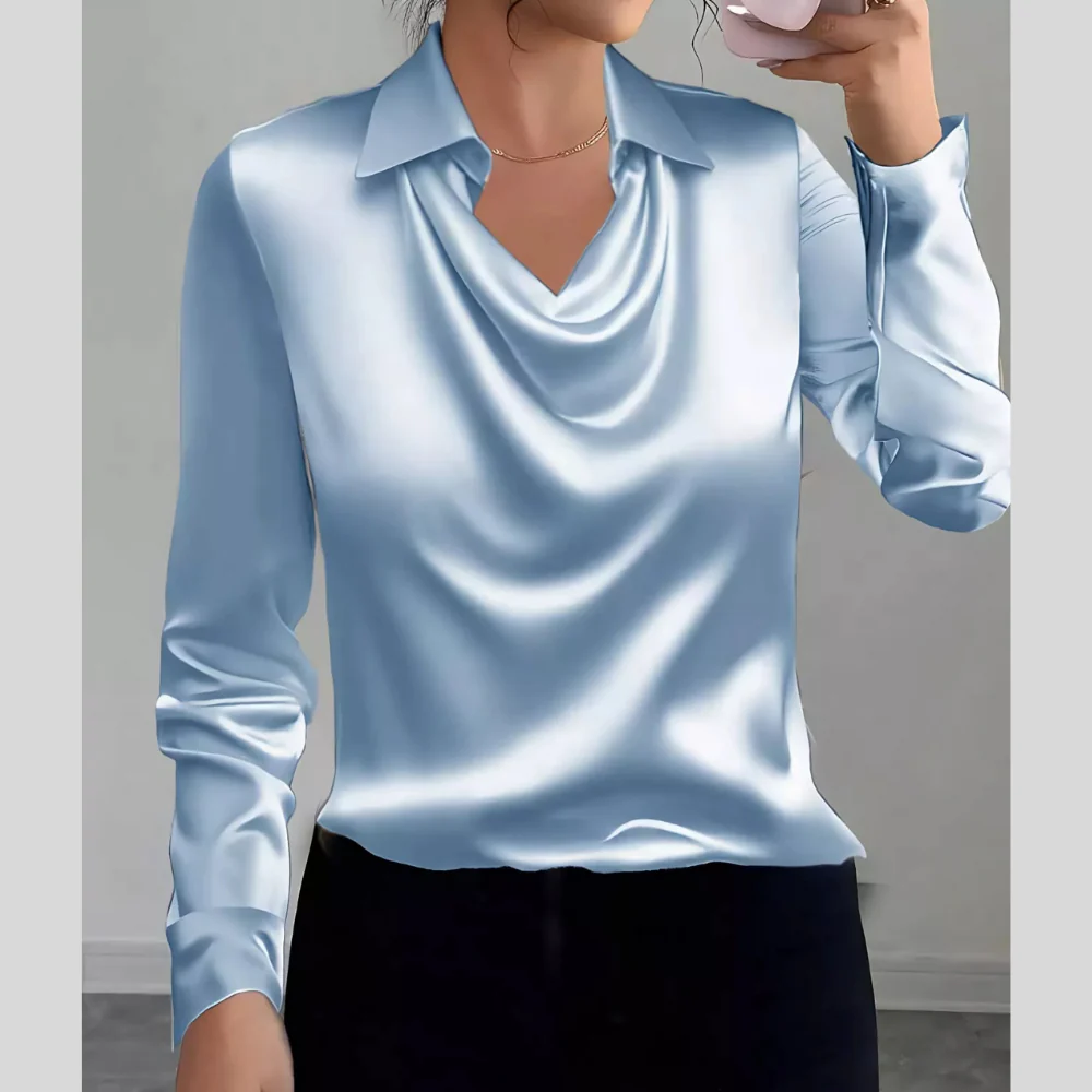 Satin Collared Neck Long Sleeve Blouse - ZKZOOK