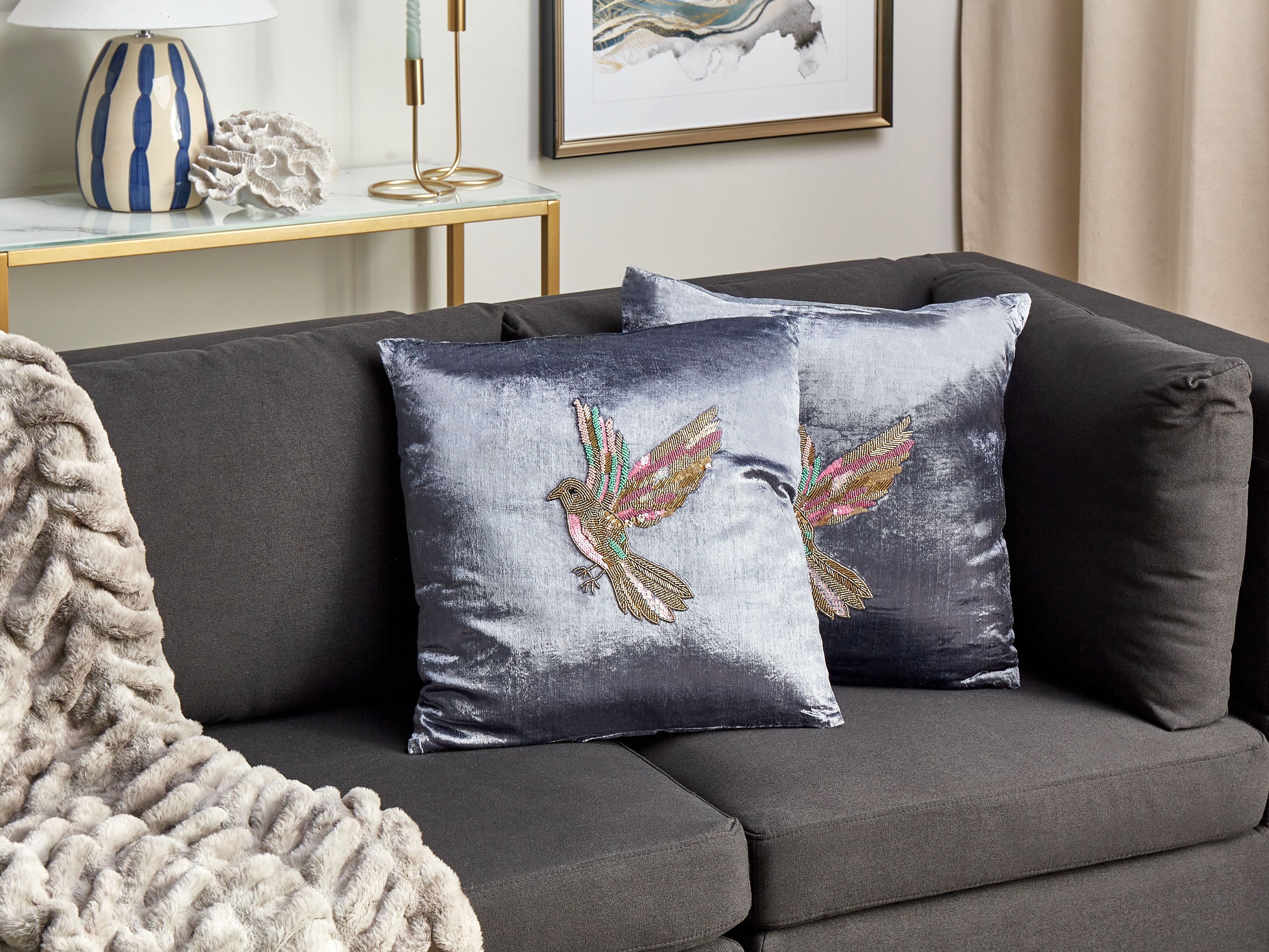 Set of 2 Decorative Cushions RUELLIA Velvet 45 x 45 cm Grey Animal Pattern