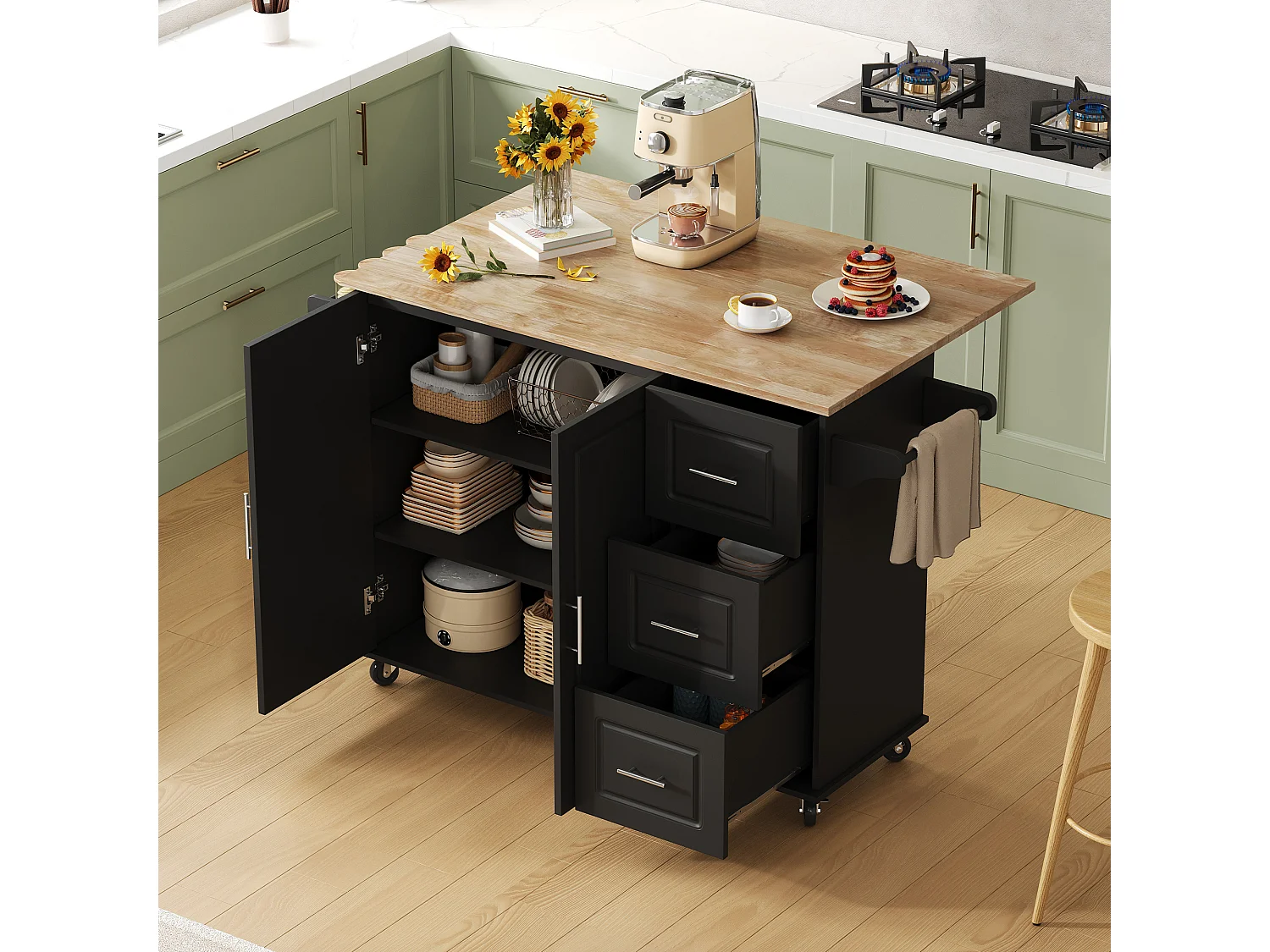 Îlot central de cuisine mobile - 137 x 43(76) x 92 cm - plateau pliable - avec 3 tiroirs + 2 portes - MDF - noir