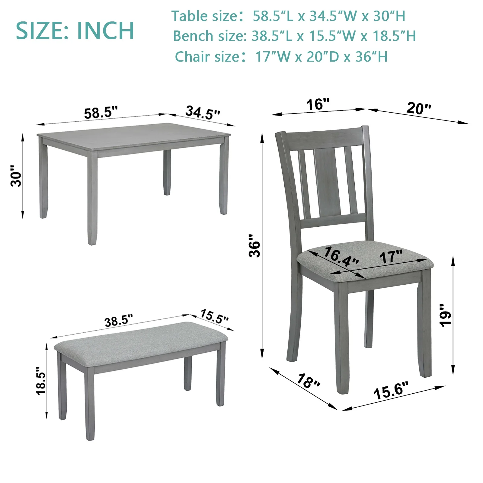 Dining Room Set, LEGAHOME 6 Piece Dining Sets with Bench and Chairs, Solid Wood Kitchen Dining Table Set for 6 with Upholstered Chairs, Gray - Image 8