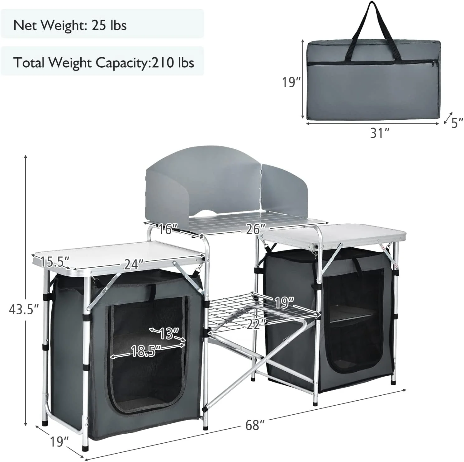 Camping Kitchen Table with Storage, Aluminum Portable Outdoor Cooking Table with Windscreen, Foldable Camp Table Cook Station for BBQ, Grill, Party, Picnics - Image 7