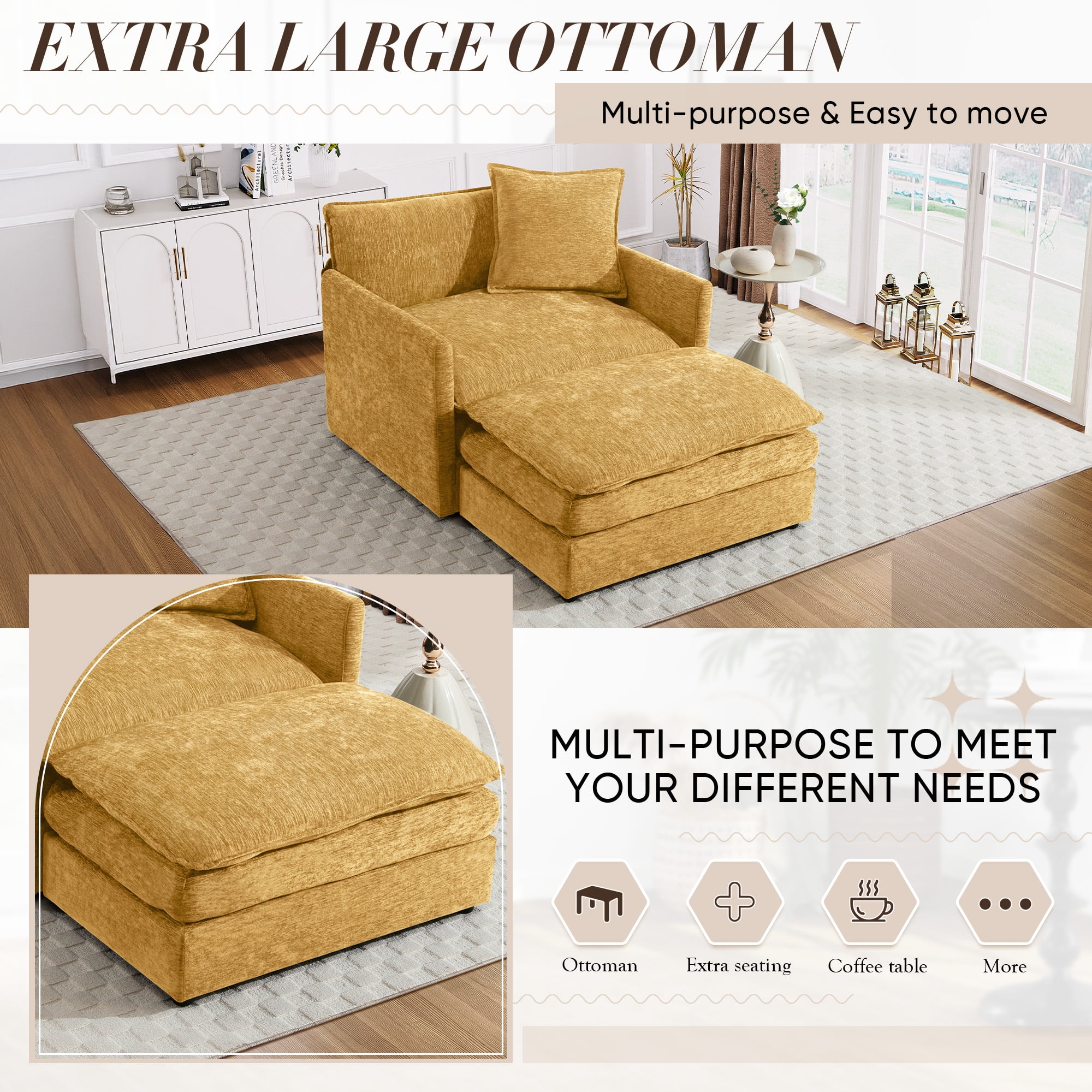 Muumblus Oversized Lounge Chair with Ottoman, Cloud Accent Armchair for Living Room, Beige Chenille - Image 32