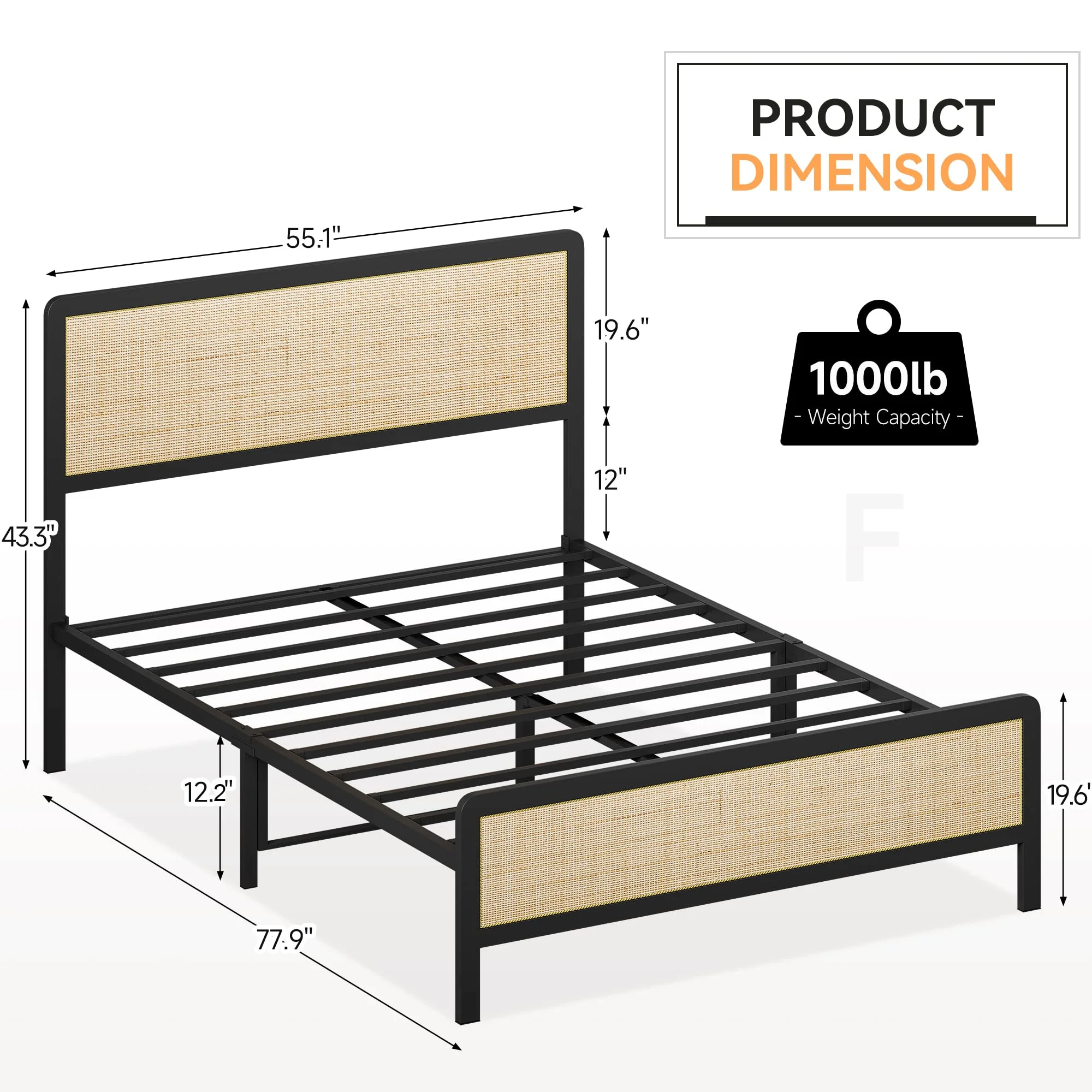 Full Size Metal Bed Frame with Rattan Headboard and Footboard, Platform Bed Frame with Safe Rounded Corners, Under Bed Storage, Strong Metal Slat Support, No Box Spring Needed