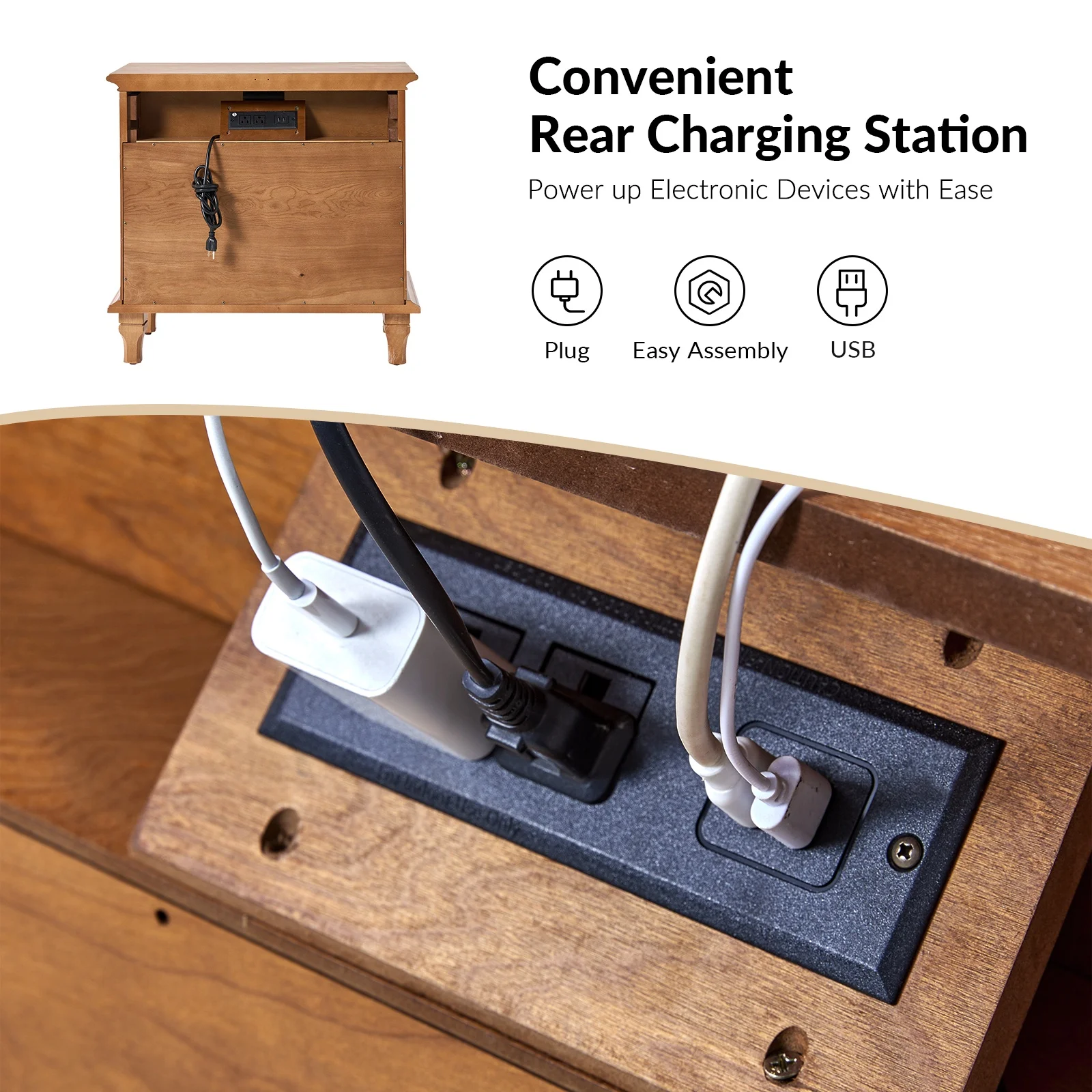 Farmhouse 3 Drawers Nightstand with Tray Bedside Table with Charging Station Acorn - Image 7
