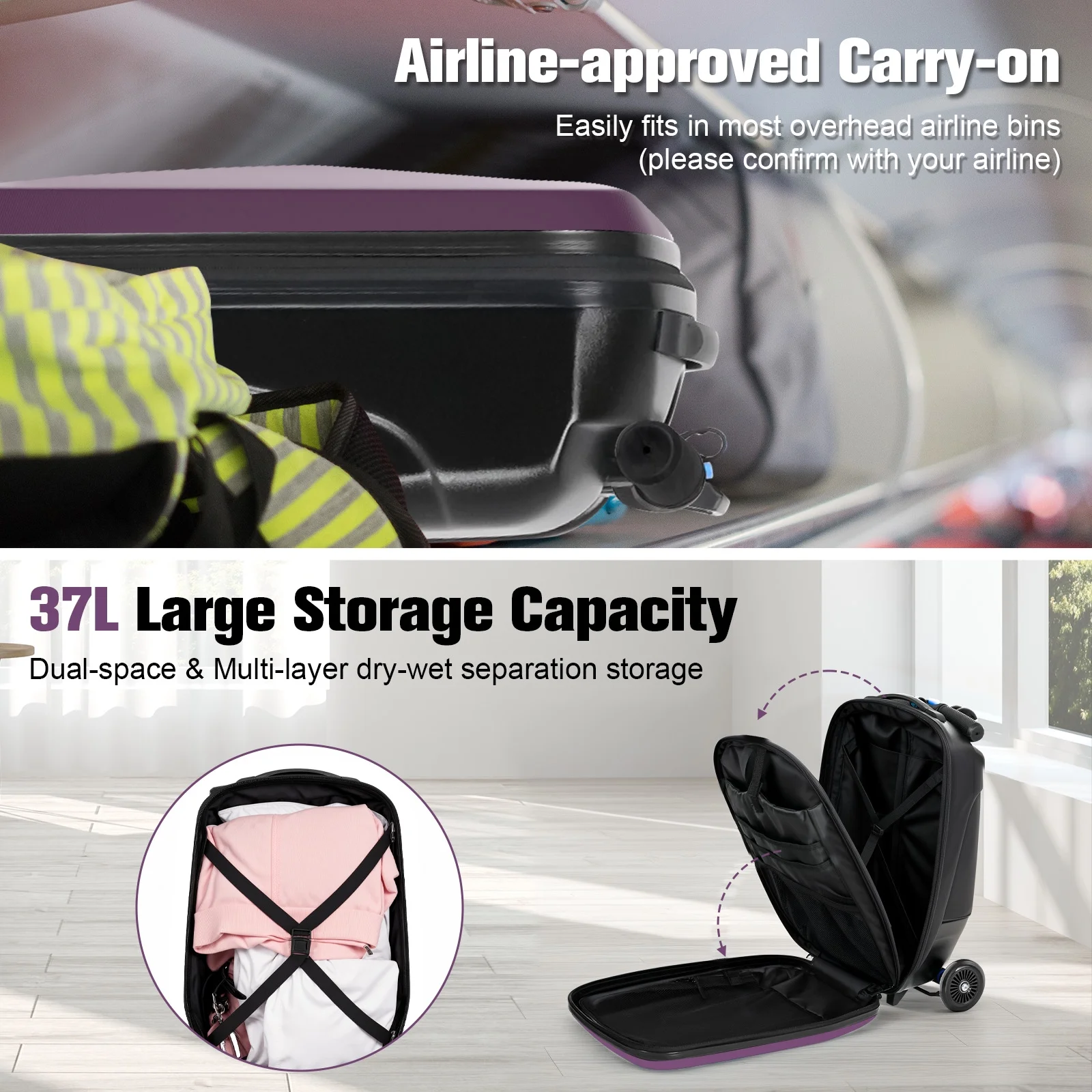 Advwin Scooter Luggage for Kids & Adults, Hardside Ride on Suitcase for Kids Ages 4-15 Multifunctional Lightweight Foldable Carry on Luggage with Wheels Ride on for Children Teenagers, Pink - Image 28