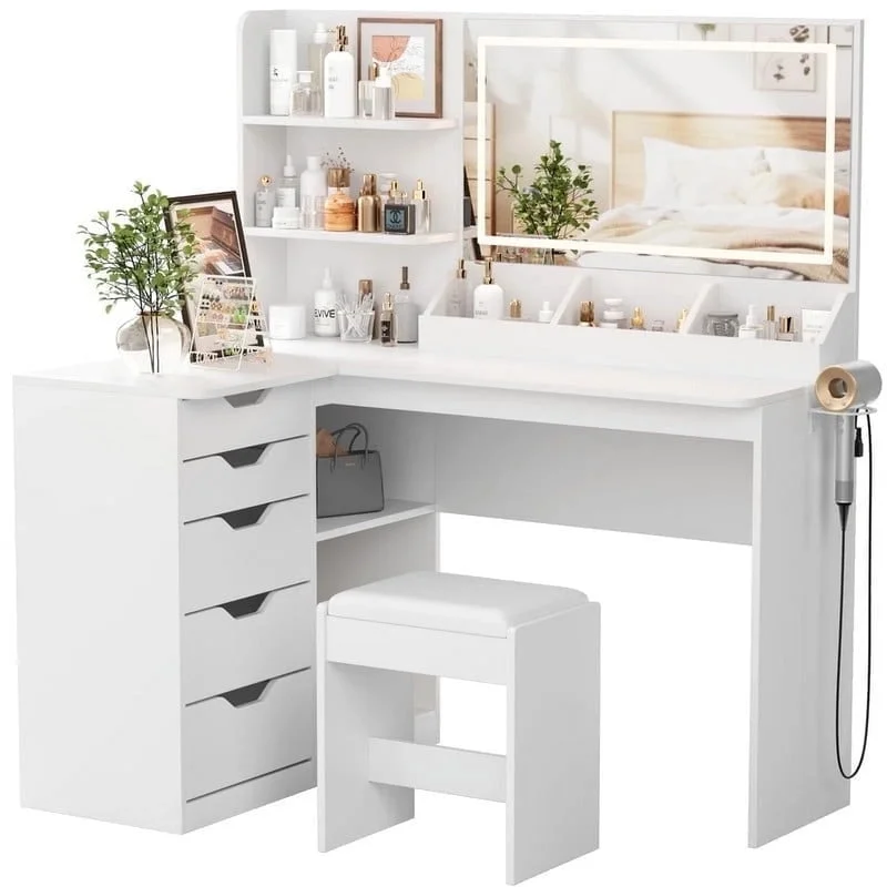 Furmax L Shaped Vanity Desk Set Corner Makeup Vanity Set with Adjustable LED Lighted Mirror & Power Outlets Dressing Table with Organizers, and Cushioned Stool, White - Image 8