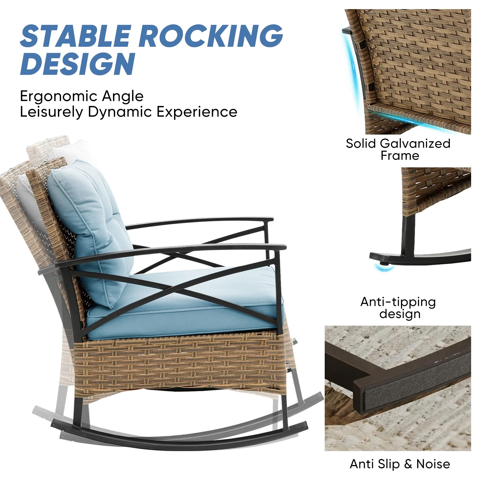 3 Pieces Patio Outdoor Conversation Set, Patio Furniture Bistro Set with 2-Tier Coffee Table, PE Wicker Rocking Chairs with Blue Cushions for for Backyard Porch Poolside