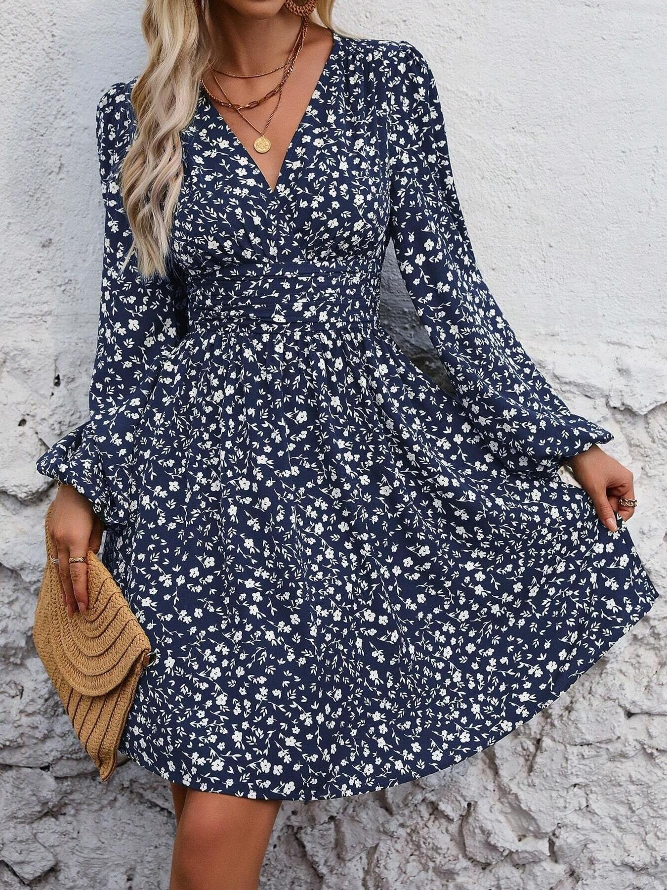 Floral Print V-Neck Long Sleeve Mini Dress - ZKZOOK