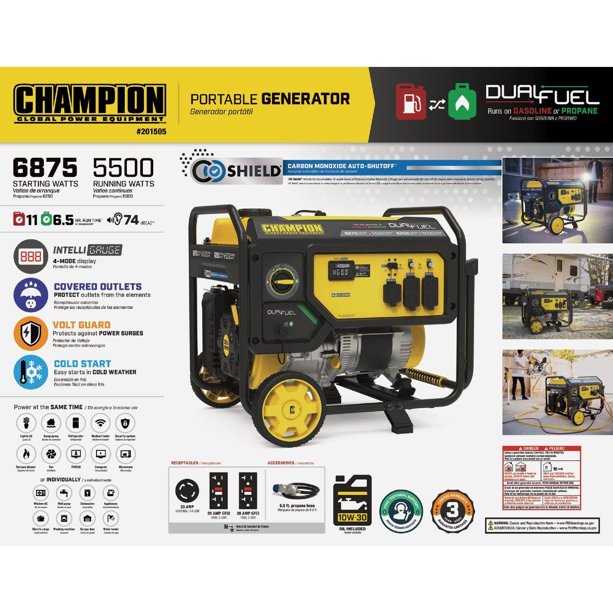 Champion 5500W/6875W Dual Fuel Portable Generator with CO Shield