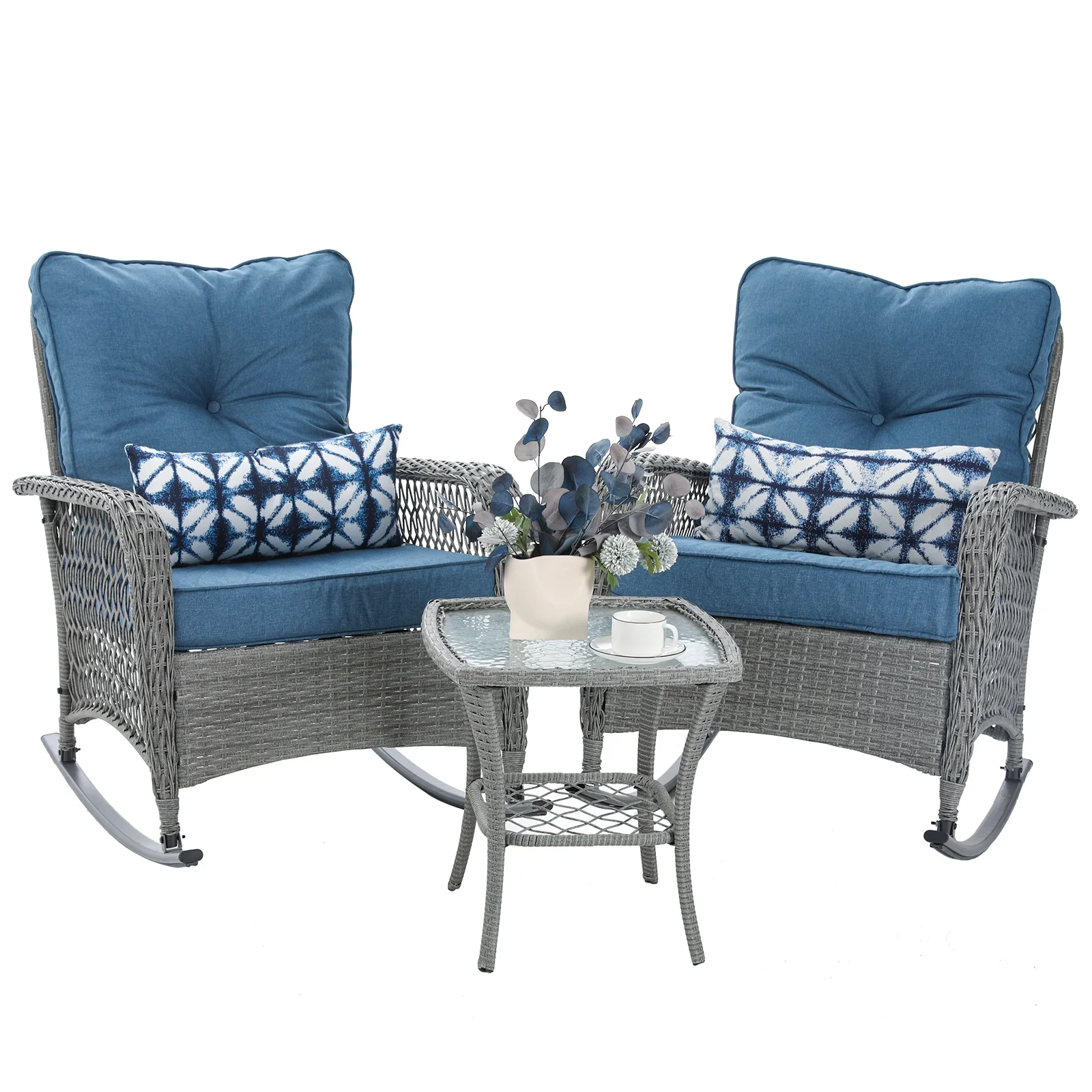 ELPOSUN 3-Piece Outdoor Rocking Chairs, Wicker Patio Furniture with Thickened Cushions and Table for Porch - Image 13