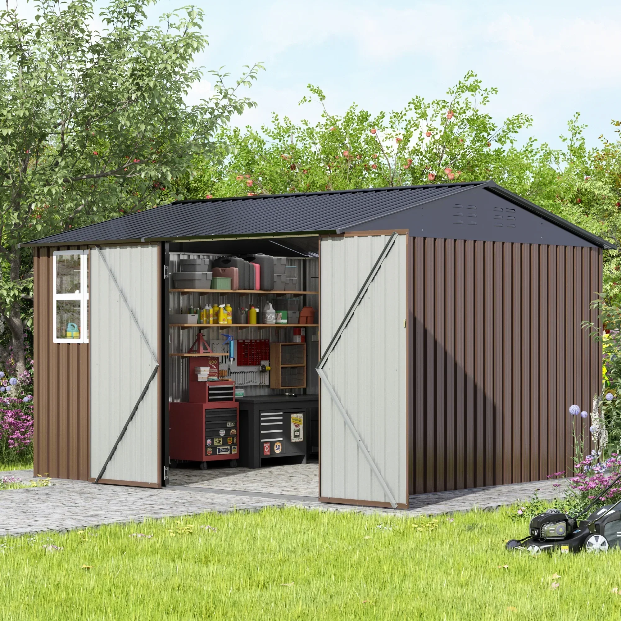 JAXPETY 10 x 10 ft Outdoor Metal Storage Shed With Window And Lockable Door - Brown - Image 12 JAXPETY 10 x 10 ft Outdoor Metal Storage Shed With Window And Lockable Door - Brown - Image 12