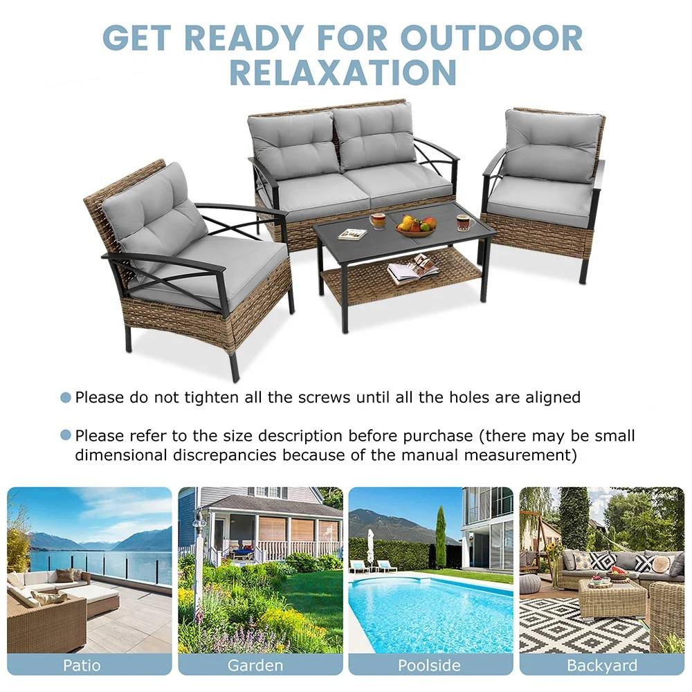Patio Sofa Set, 4 Pieces Outdoor Sectional Furniture, All-Weather PE Rattan Wicker Patio Conversation Set, Cushioned Sofa Set with Coffee Table for Patio Garden Poolside Deck - Image 12