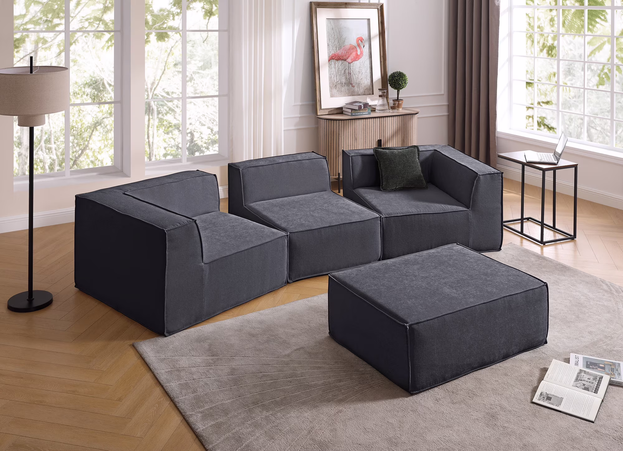 Koby Home Sectional Compressed Sofa Chenille Couches for Living Room, part of Armless, Color Black