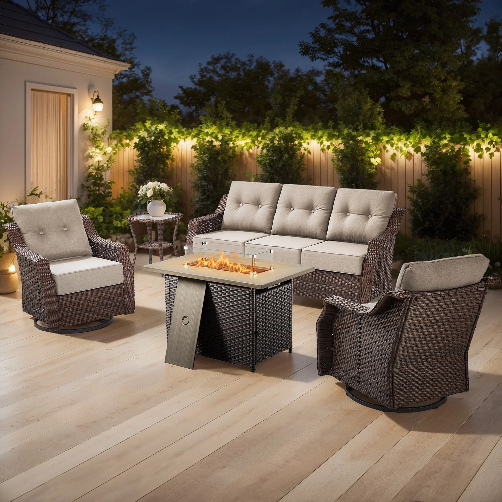 Bellefurn Outdoor Patio Furniture Set with Fire Pit and Swivel Rocker Chair,High-Back Wicker Outdoor Conversation Sets with 3 Seater Couch and Side Table Set for Porch,Deck,Garden
