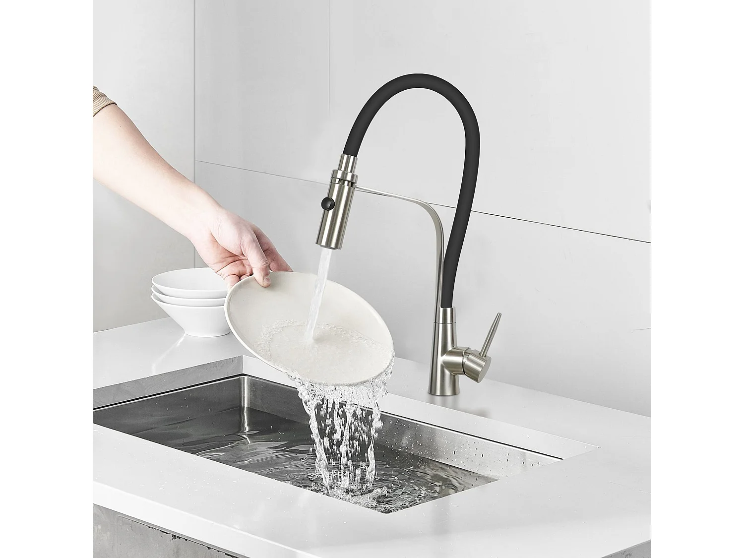 NETTLIFE Robinet de Cuisine avec Flexible Grands extensibles avec pomme de douche, 46,5 cm,  noire , mélangeur à haute pression pivotant à 360