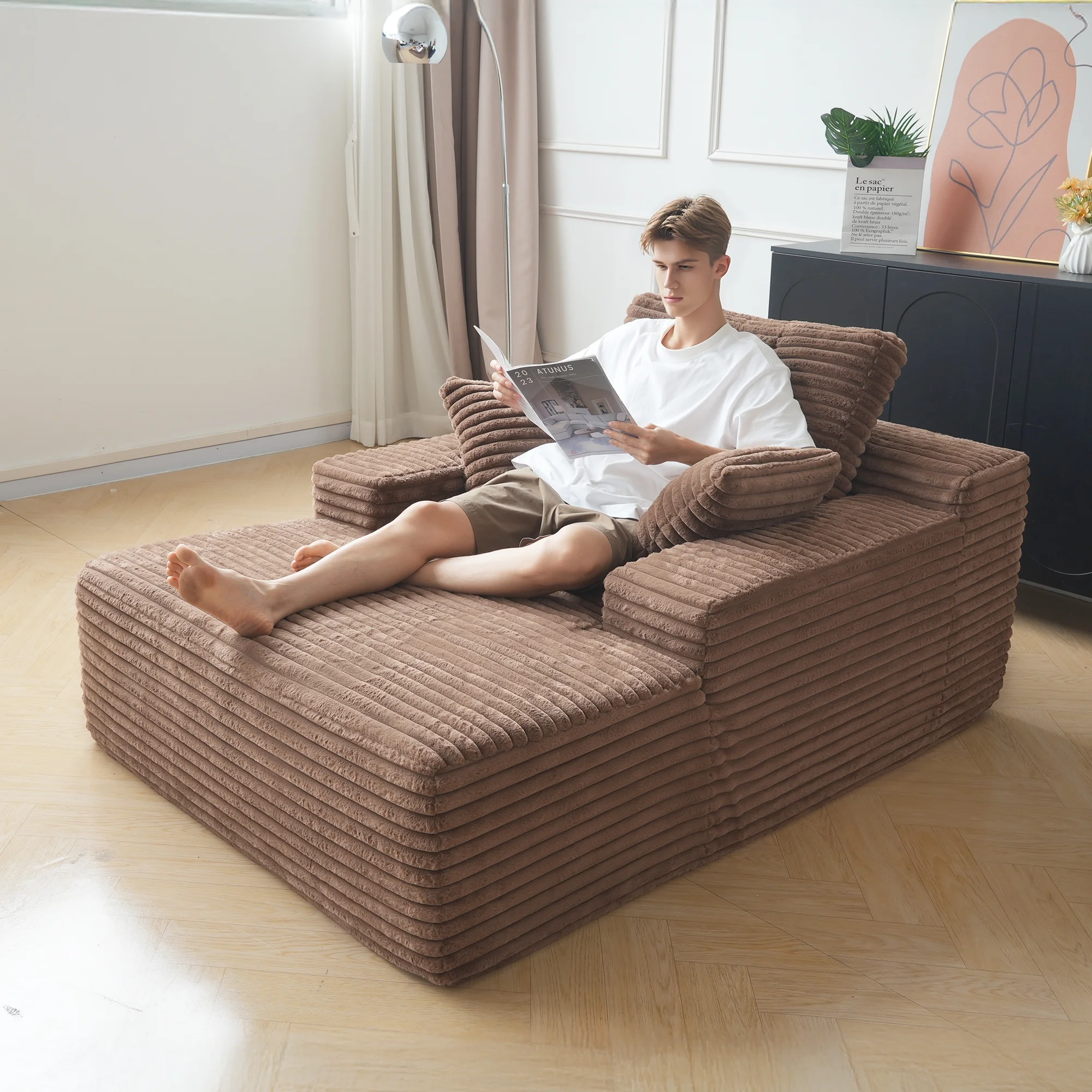 Sodrens Oversized Chaise Lounge Chair Indoor,Upholstered Sofa Bed with Throw Pillows and Armrests,Sleeper Chair for Living Room,Bedroom,Brown,Corduroy - Image 10