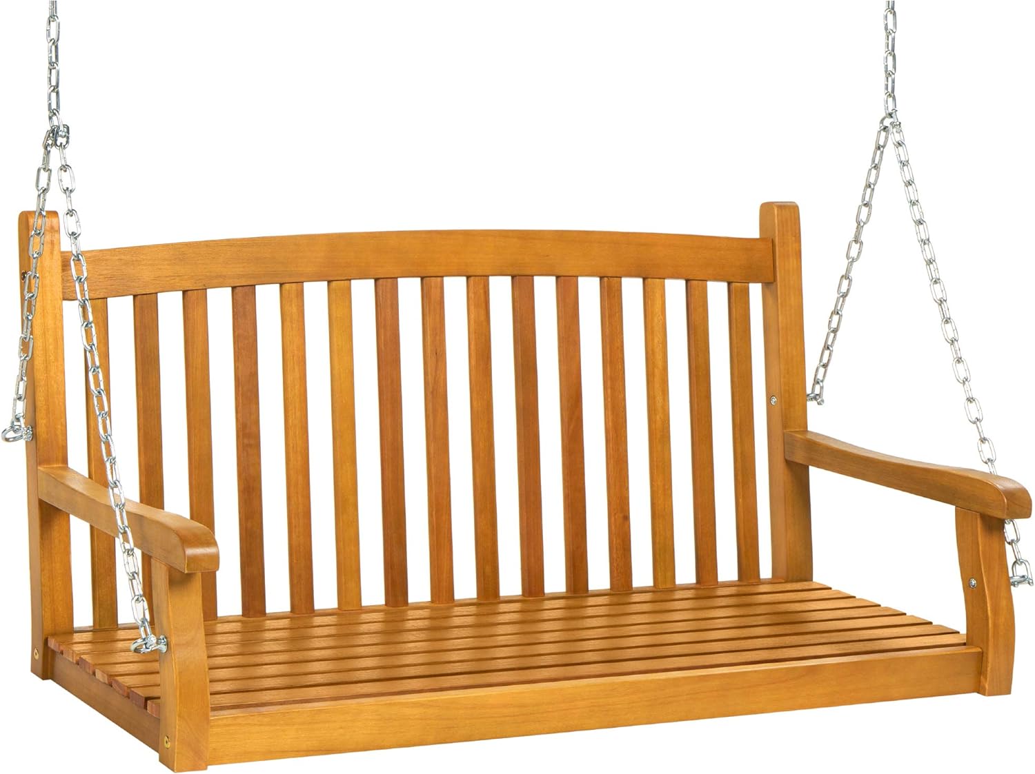 Best Choice Products 48in Wood Porch Swing Outdoor Patio Hanging Bench Chair Furniture for Deck, Garden, Yard w/Mounting Chains, Curved Back Design, 500lb Weight Capacity - Brown