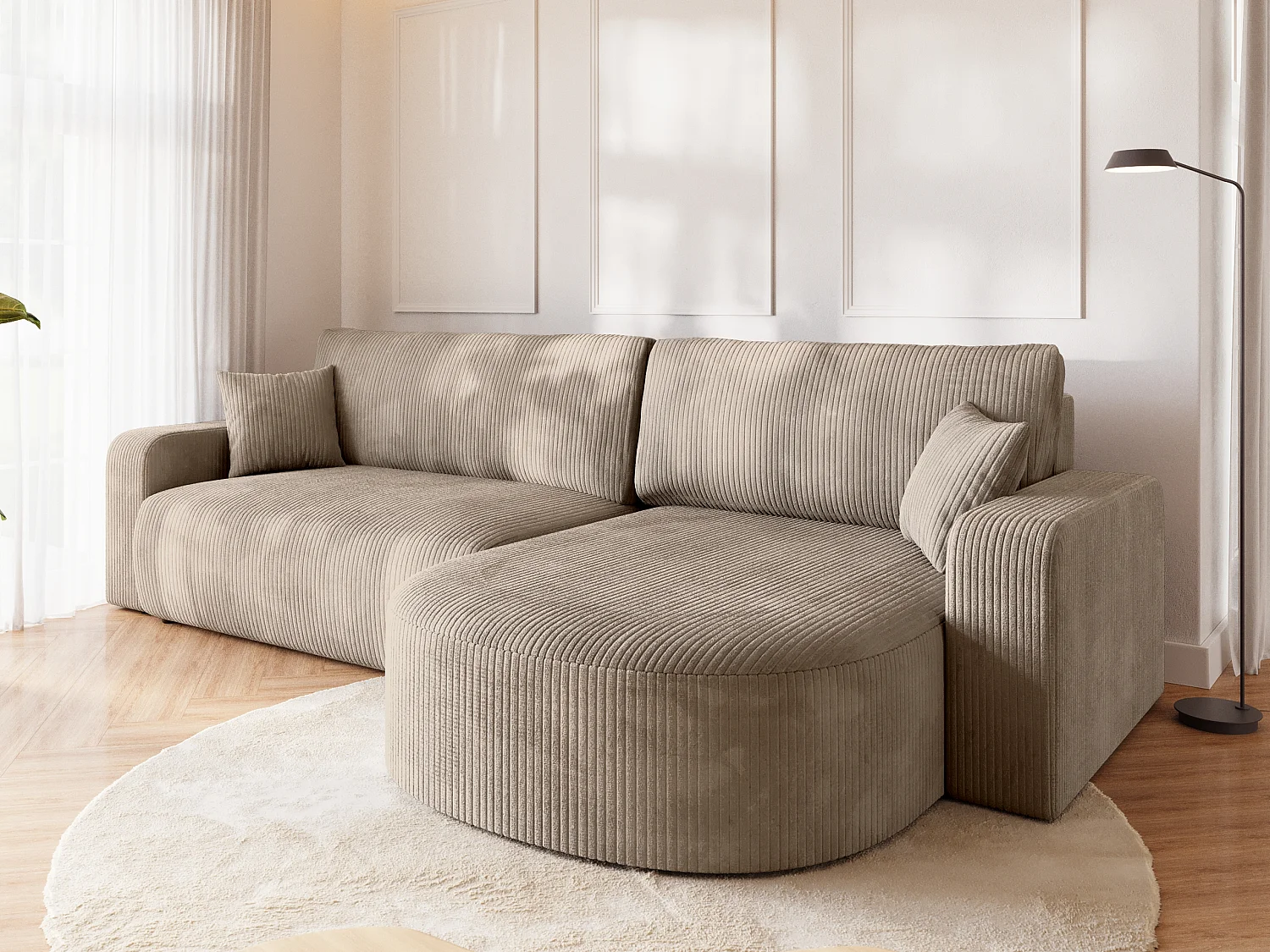 Grand canapé d'angle convertible, en velours côtelé beige BISK