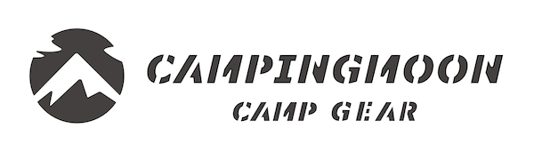 Logo z górską sylwetką wewnątrz koła, z tekstem „CAMPINGMOON CAMP GEAR” w czcionce w stylu stencilowym