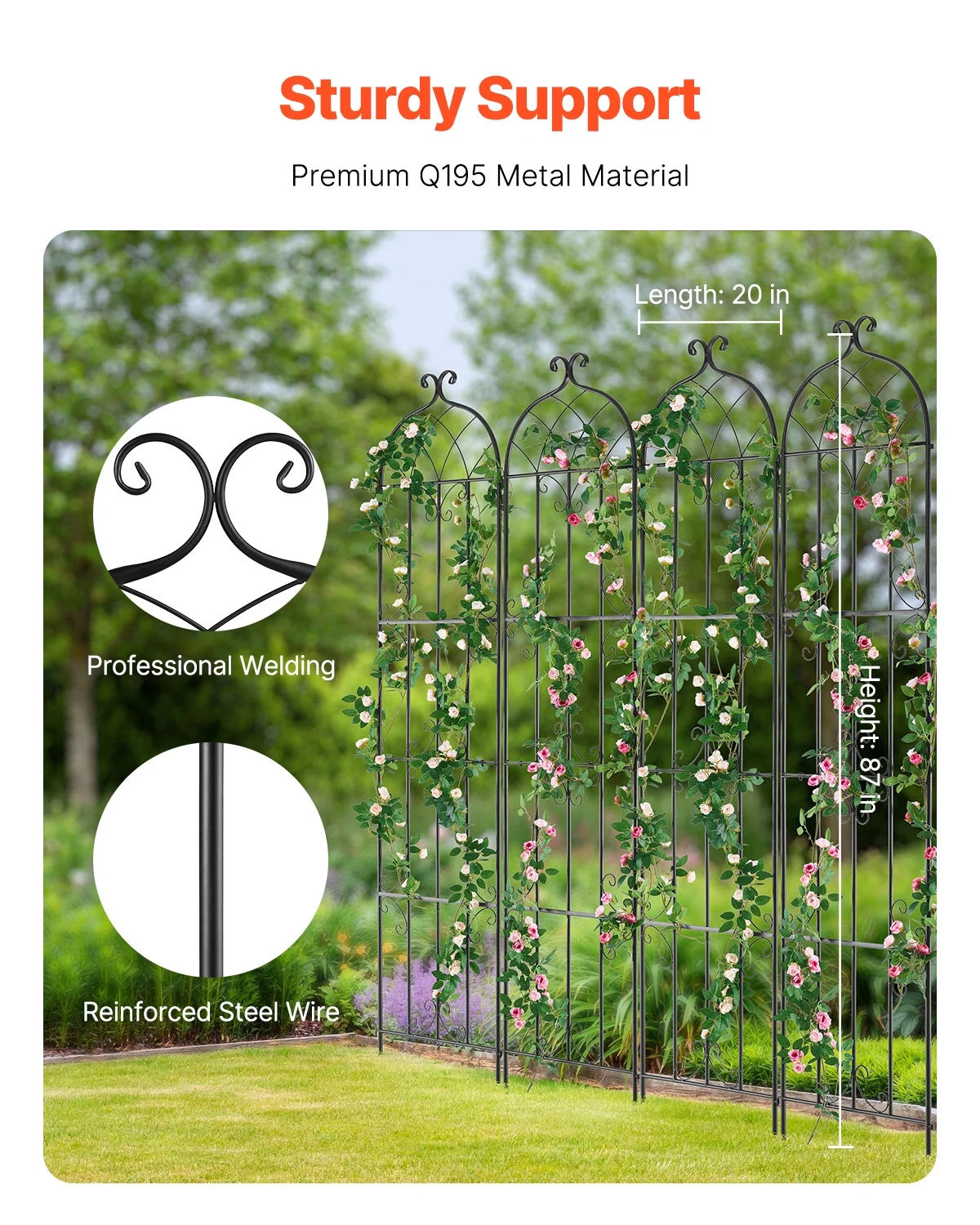 KFFKFF Outdoor Trellis for Vine Plants, Dimensions 87 x 20 inches, Set of 4 Durable Metal Garden Trellis, Ideal for Climbing Roses and Cucumbers, Decorative Clematis Trellis