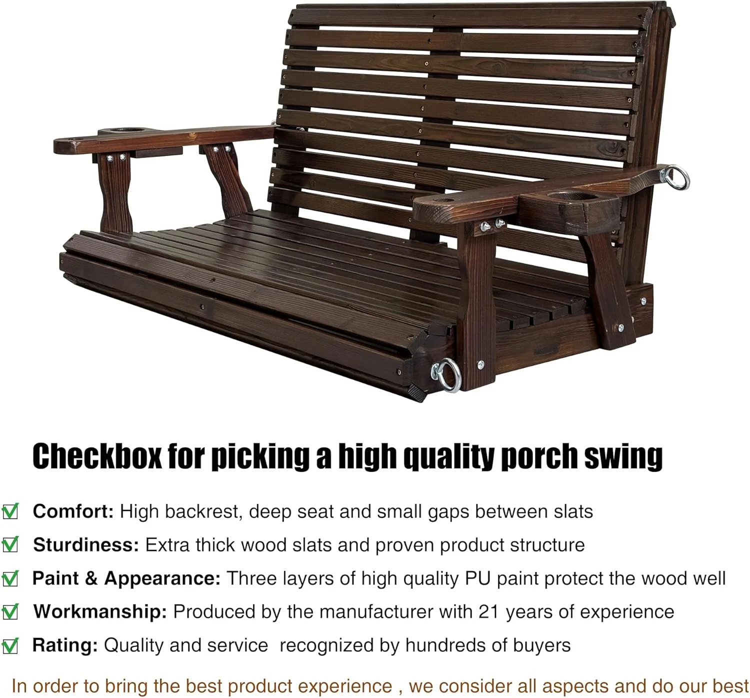 Fortune Candy 3 Person Outdoor Wood Hanging Swing, Heavy Duty 880 lbs Wood Porch Swing, Brown-5ft - Image 41