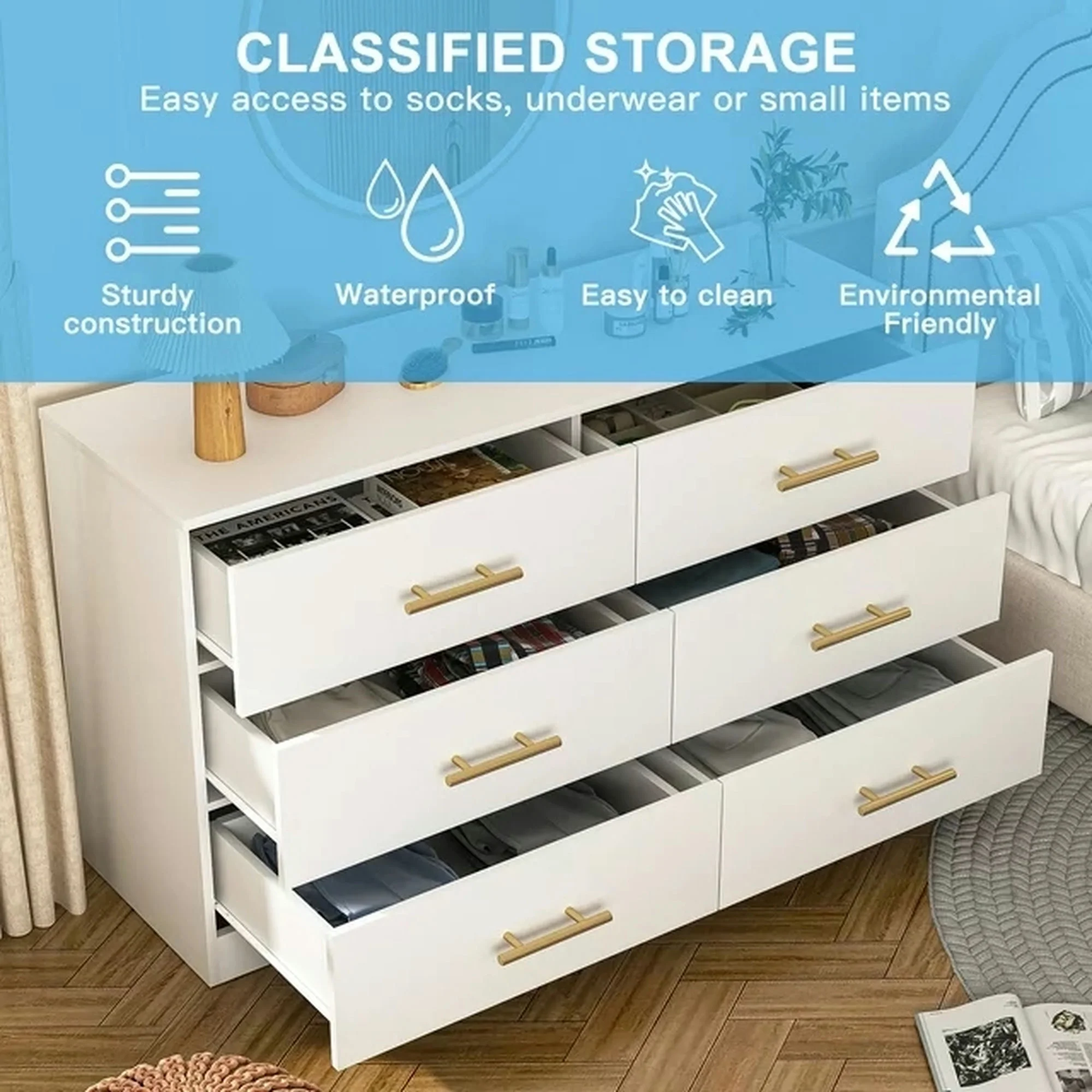 Kadyn White Chest of Drawer, 6 Double Drawer Dresser for Bedroom, Modern Storage Cabinet for Living Room, Dresser - Image 17