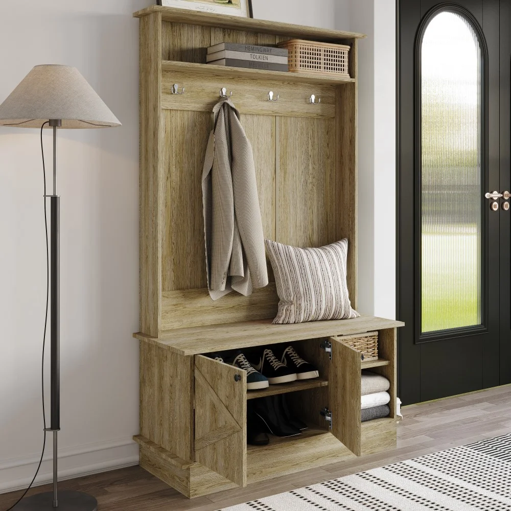Castle Place Modern Hall Tree with Storage Cabinet, Light Oak