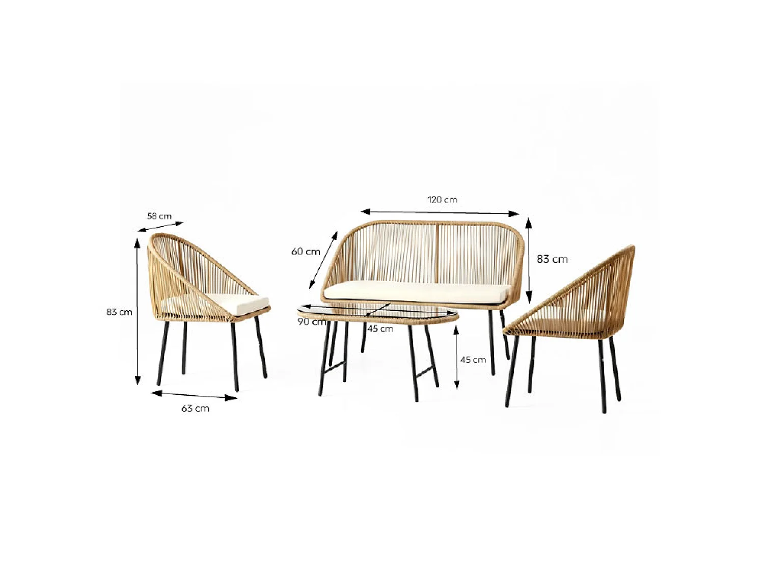 Salon de jardin 4 places avec table basse effet rotin naturel RAVELLO