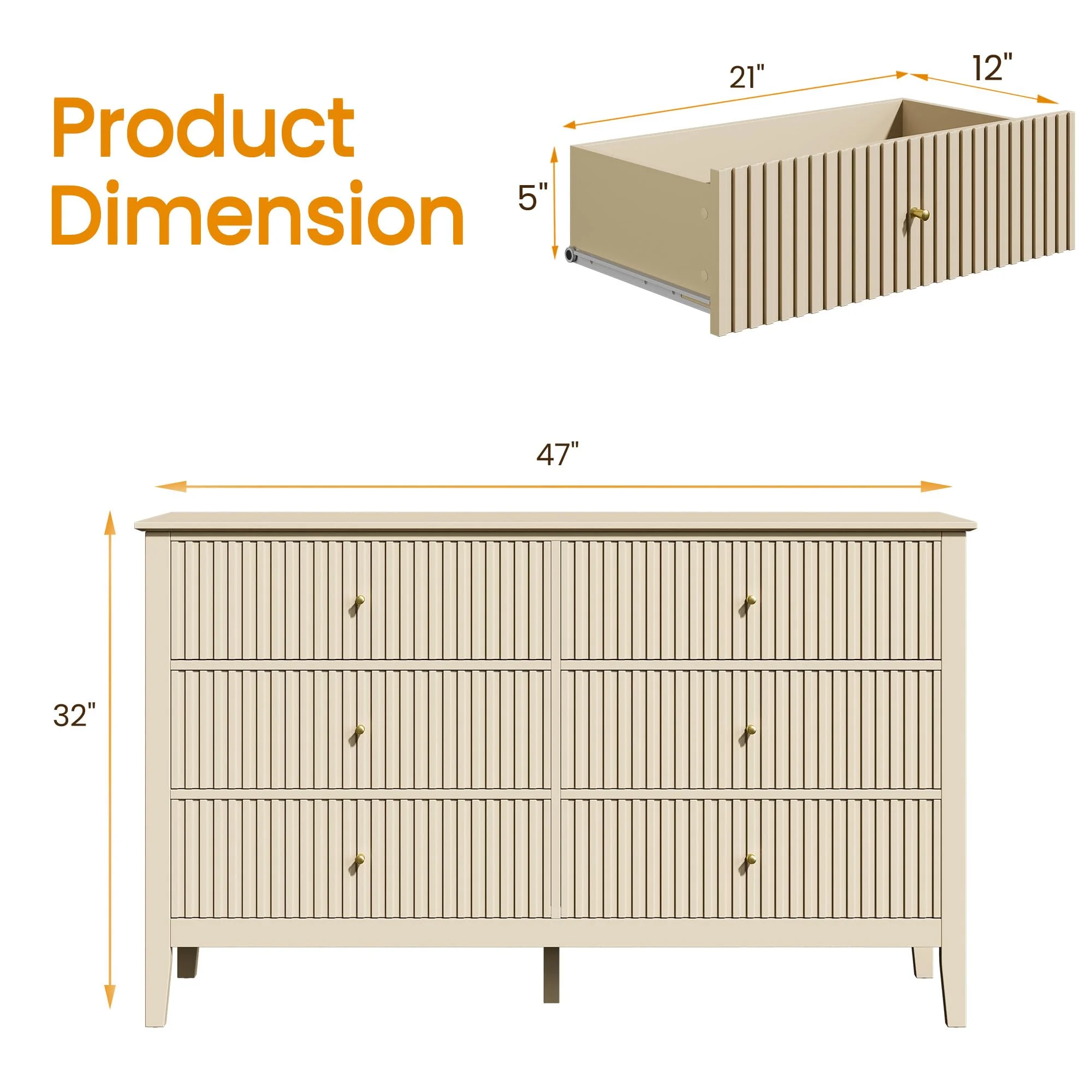 Heynemo Beige 6 Drawer Dresser, Fluted Modern Wood Chest - Image 8
