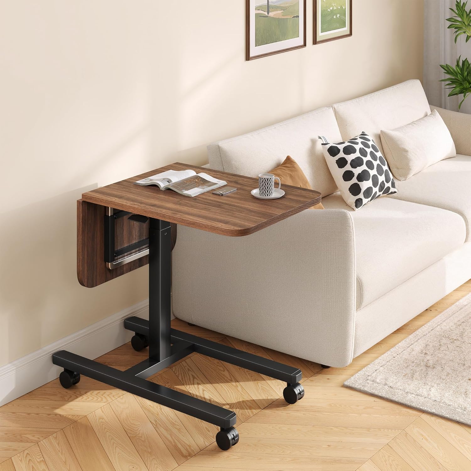 Homkdom C Shaped Table with Wheels, Side End Table with Extended Desktop, Adjustable Rolling Desk for Small Space, Dorm, Height Adjustment (29.5