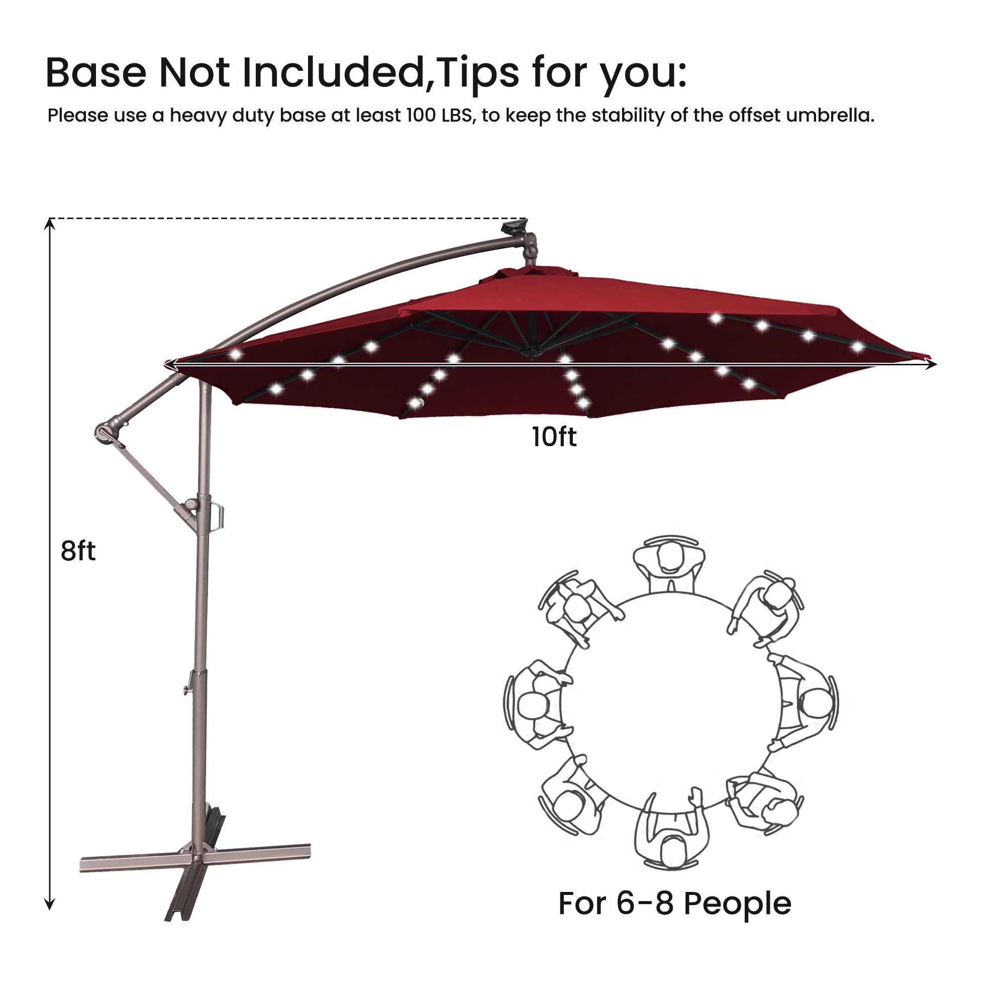 Mondawe 10ft Solar Lights Offset Cantilever Patio Umbrella - with Light, LED Lighted Offset Hanging Patio Outdoor Market Umbrella UPF50+ UV Protection with Crank,Navy Blue - Image 12
